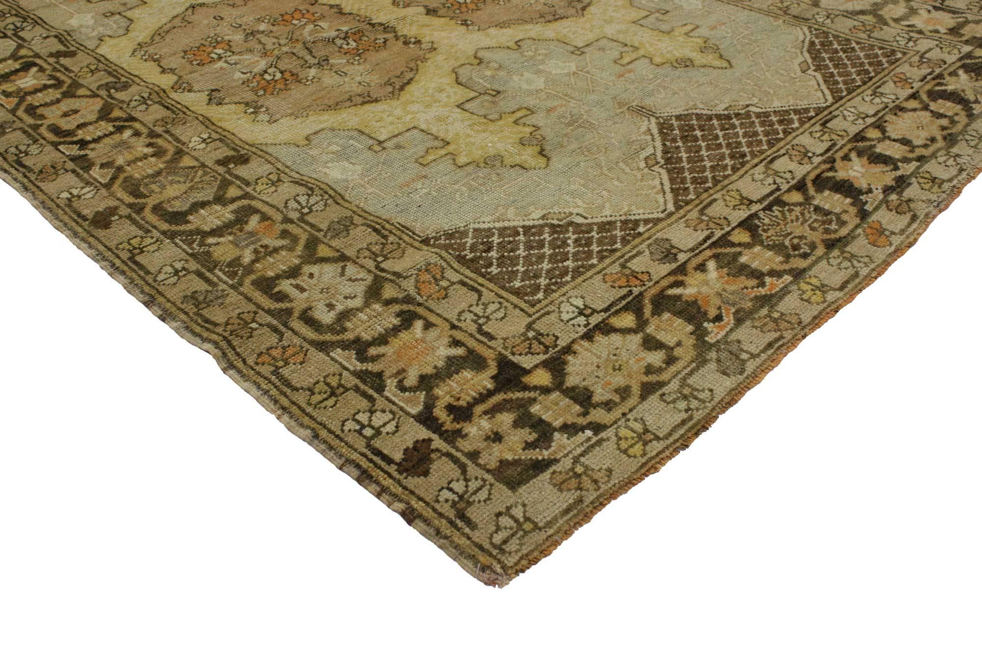 Hand-Knotted Vintage Turkish Oushak Rug with Traditional Style For Sale