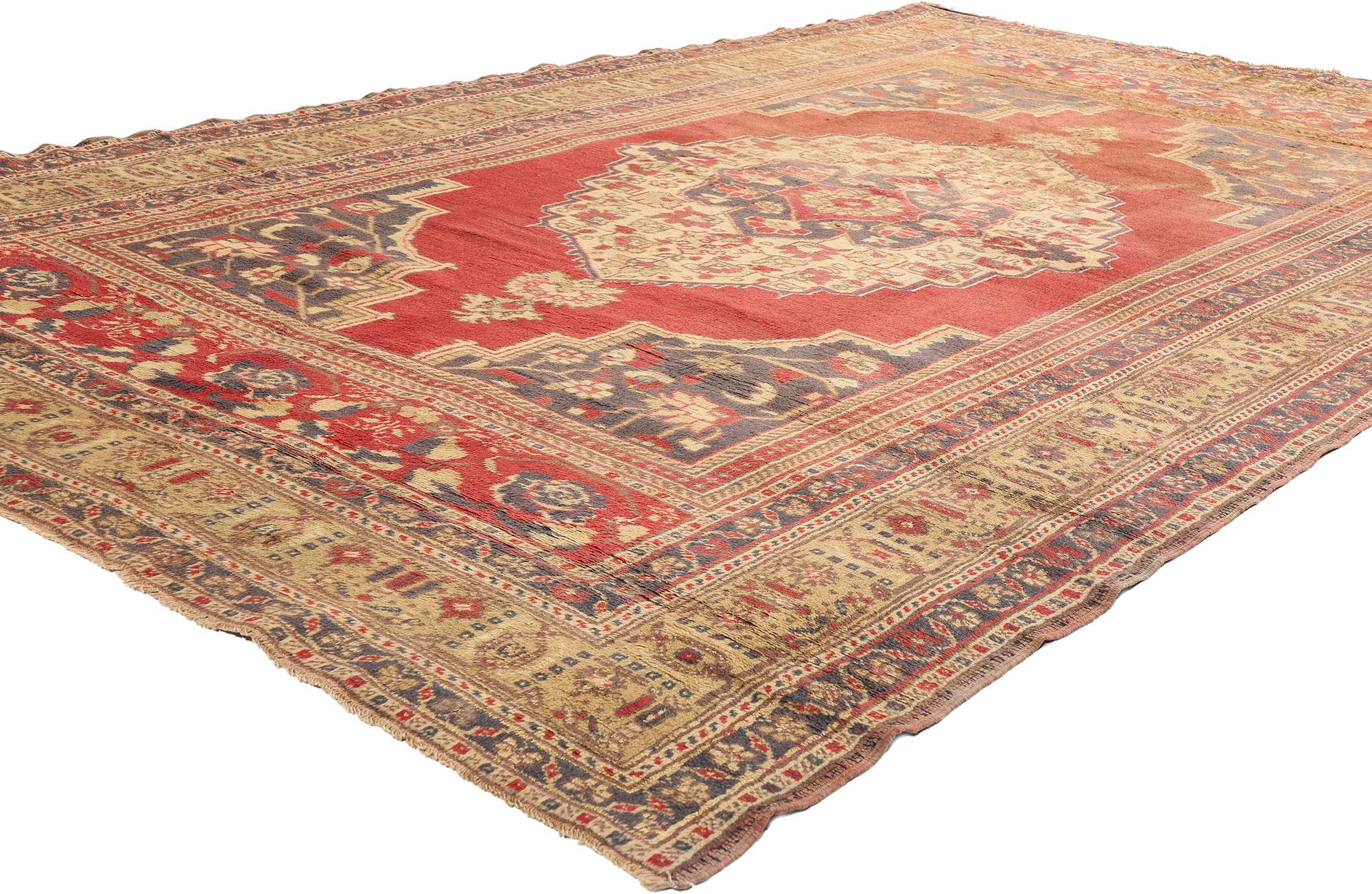 74095 Vintage Turkish Oushak Rug, 06'07 x 10'08. Like the warm embrace of twilight over Anatolia’s rolling hills, this hand-knotted wool vintage Turkish Oushak rug exudes a timeless majesty, woven with threads steeped in heritage and grace. At its