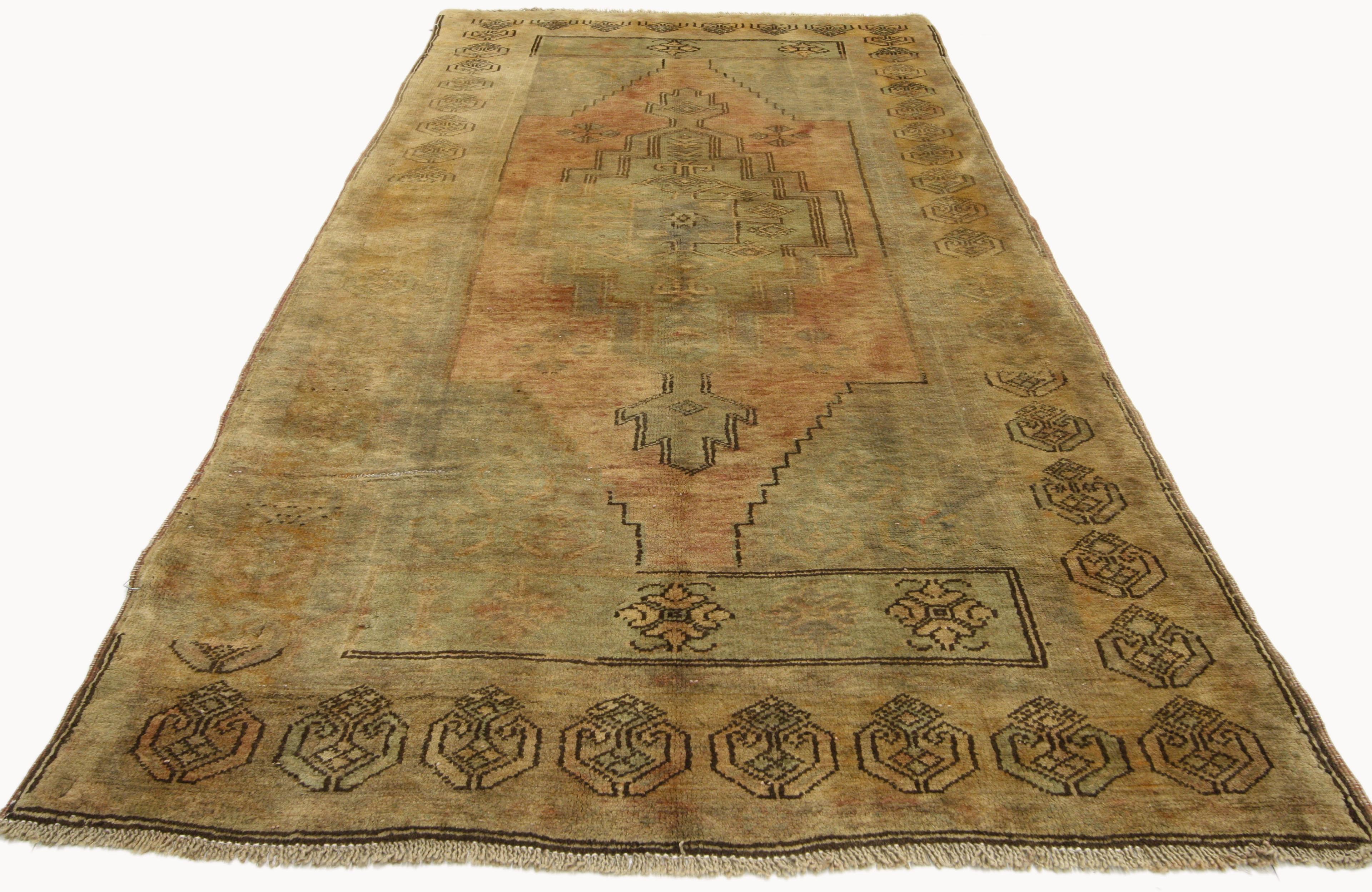 Hand-Knotted Vintage Turkish Oushak Rug with Traditional Style, Muted Washed Out Colors For Sale