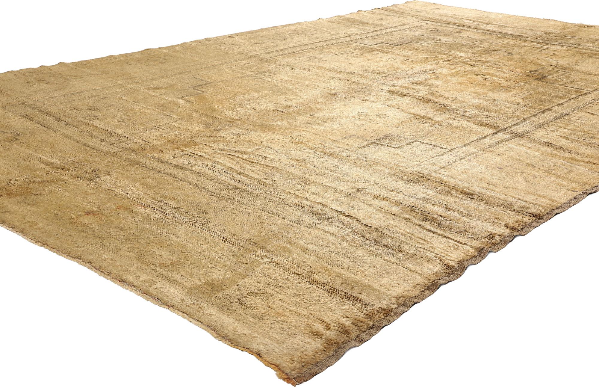 74093 Vintage Earth-Tone Turkish Oushak Rug, 07'00 x 11'05. Like parchment faded by time and sunlight, this exquisite hand-knotted wool vintage Turkish Oushak rug unfolds with a quiet, ancestral grace—a whispered memory of Anatolia woven into every