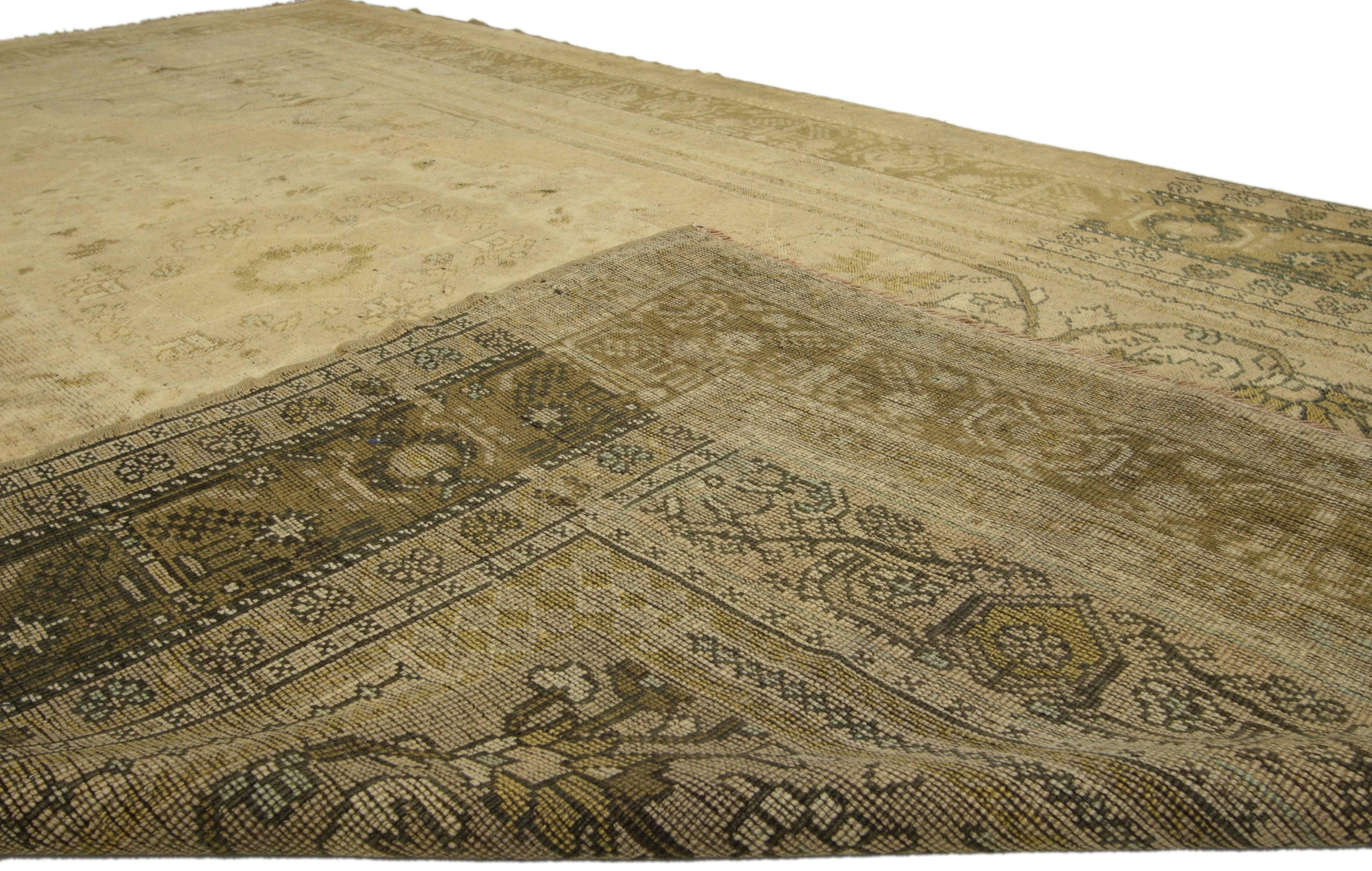 Hand-Knotted Vintage Turkish Oushak Rug with Traditional Style, Warm Neutral Colors For Sale