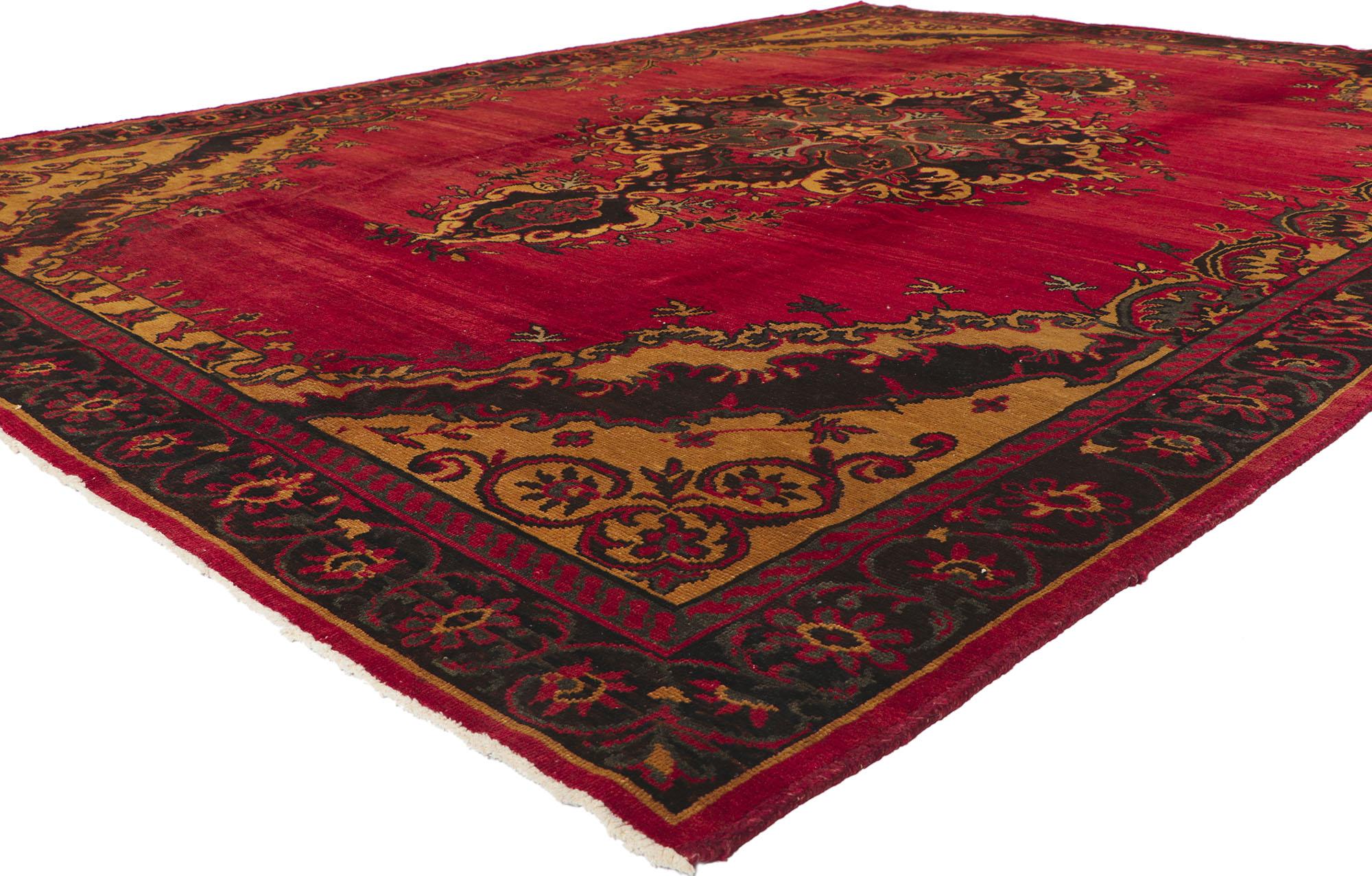 50507, vintage Turkish Oushak rug with traditional Victorian style and saturated colors. This hand knotted wool vintage Turkish Oushak rug features a lobed floral center medallion with palmette pendants floating on an abrashed scarlet red field.