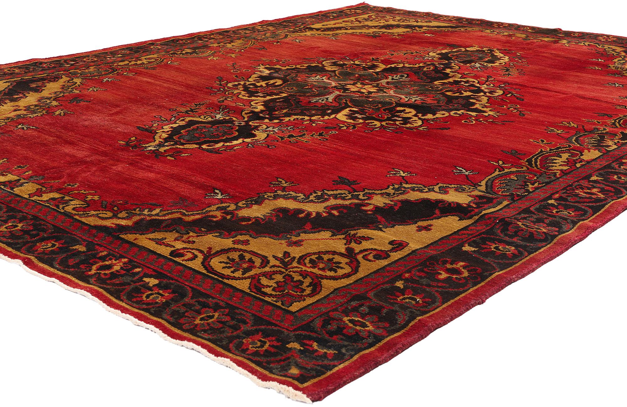 50507 Vintage Turkish Oushak Rug, 08’02 x 11’00. Like a page torn from a sultan’s dream, this hand-knotted wool vintage Turkish Oushak rug glows with a regal intensity, its scarlet field ablaze with the passions of time and artistry. At the heart of