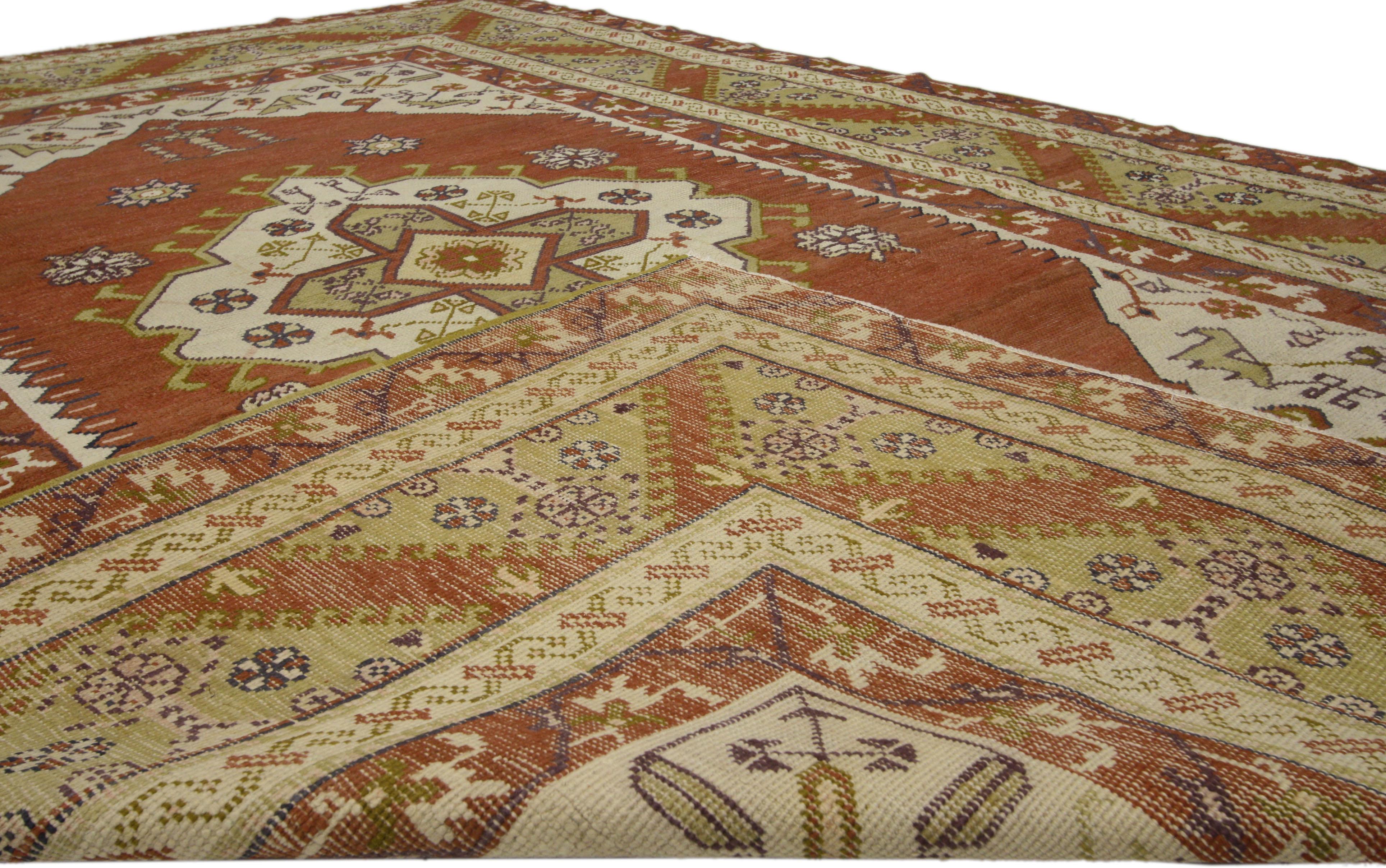 Hand-Knotted Vintage Turkish Oushak Rug with Tribal Artisan Style For Sale