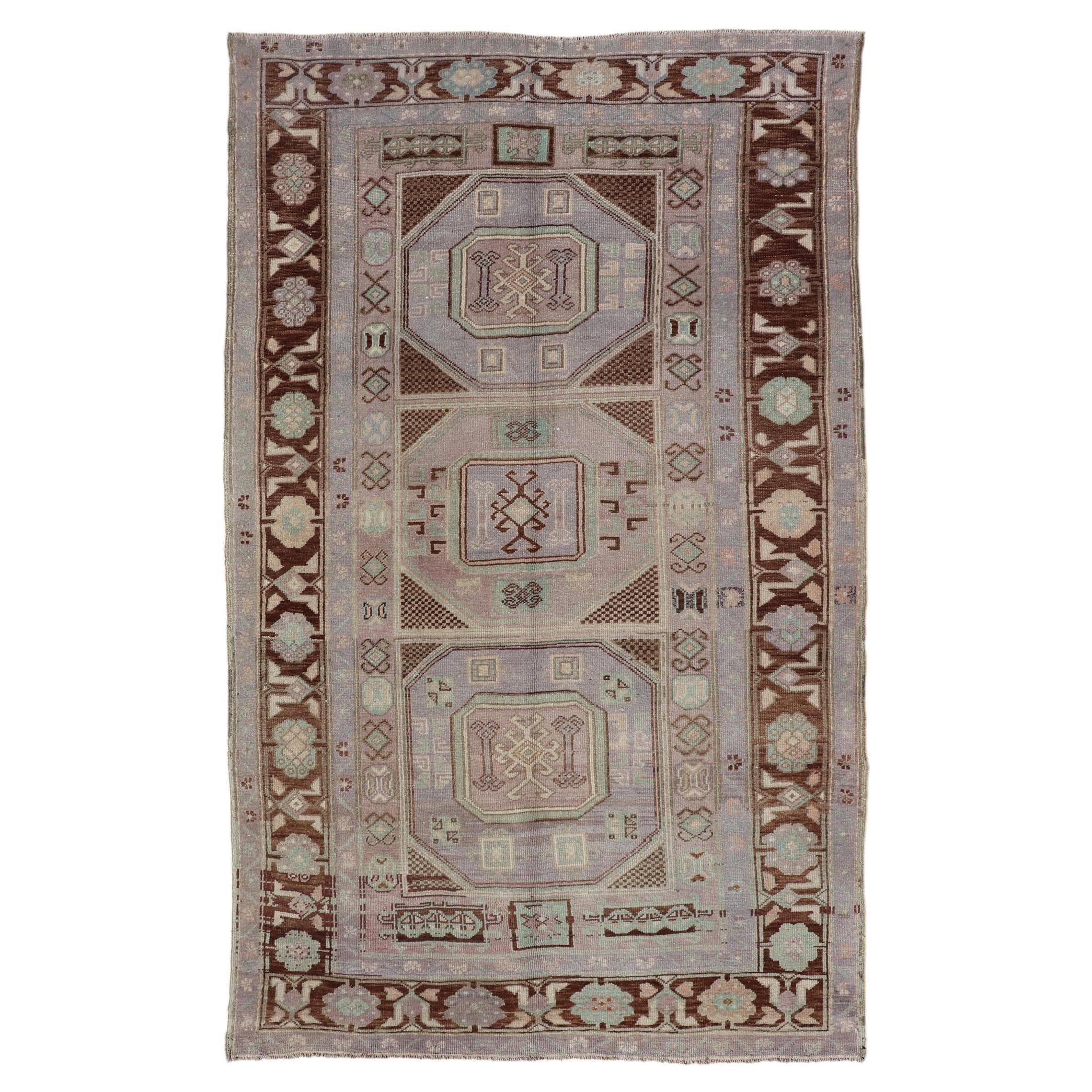 Vintage Turkish Oushak Rug with Tribal Geometric Medallions in Light Lavender