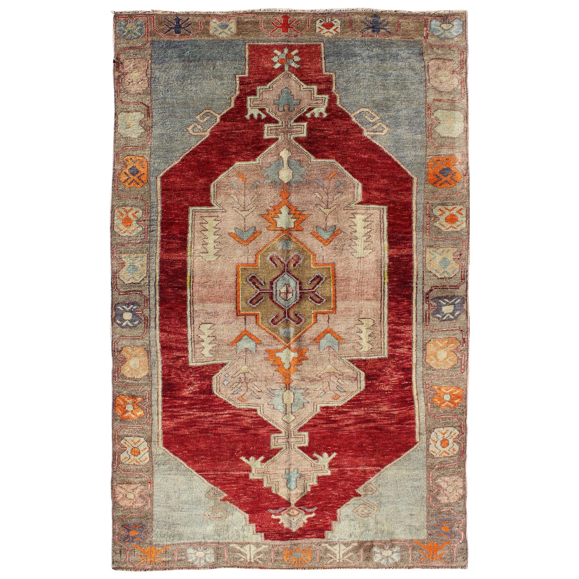 Vintage Turkish Oushak Rug with Tribal Medallion in Deep Red and Multi-Color