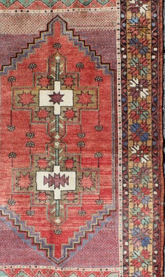 Vintage Turkish Oushak Rug with Tribal Medallion in Red, Green, Yellow & Purple