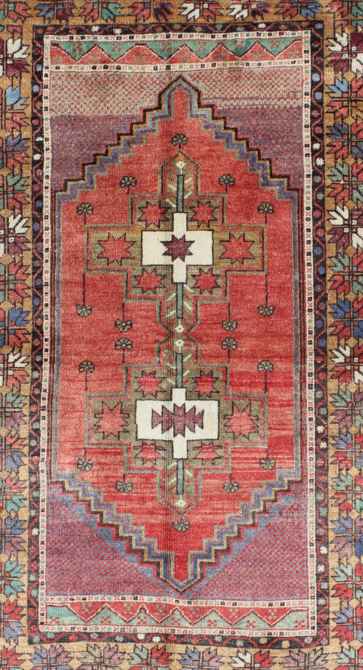 Vintage Turkish Oushak Rug with Tribal Medallion in Red, Green, Yellow & Purple In Excellent Condition For Sale In Atlanta, GA