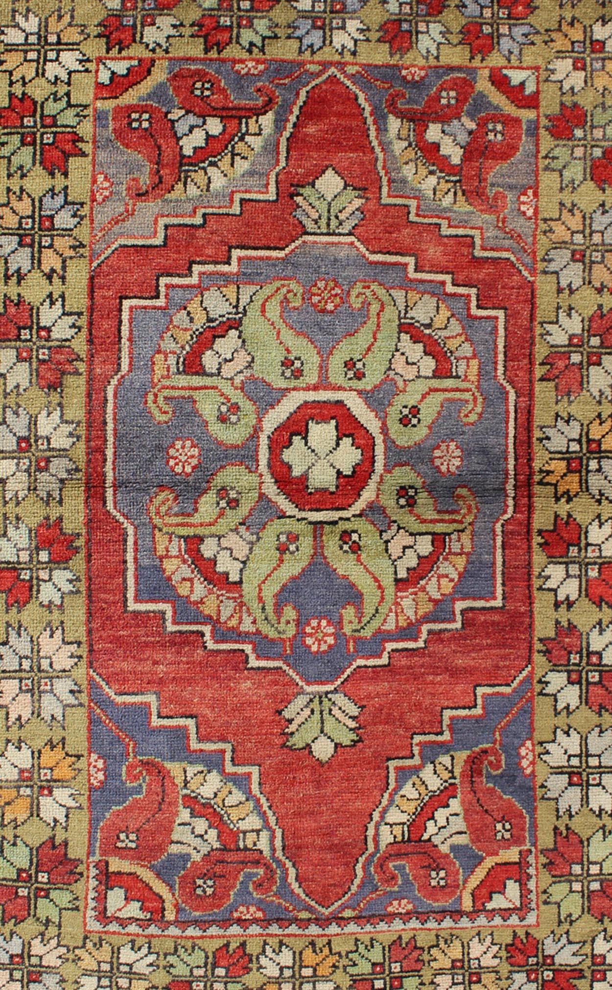 Vintage Turkish Oushak Rug with Tribal Medallion in Tomato Red and Multi-Colors In Good Condition For Sale In Atlanta, GA