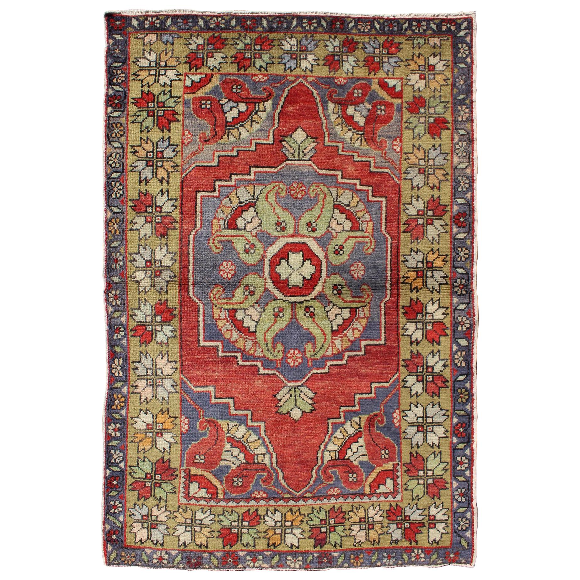 Vintage Turkish Oushak Rug with Tribal Medallion in Tomato Red and Multi-Colors