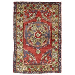 Vintage Turkish Oushak Rug with Tribal Medallion in Tomato Red and Multi-Colors