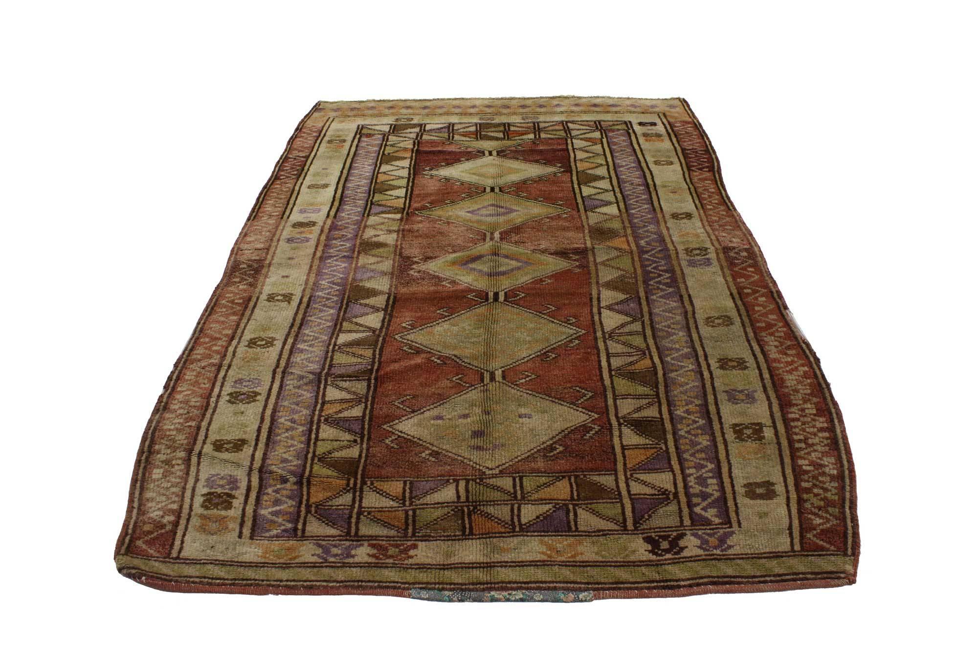 Hand-Knotted Vintage Turkish Oushak Rug with Tribal Mid-Century Modern Style