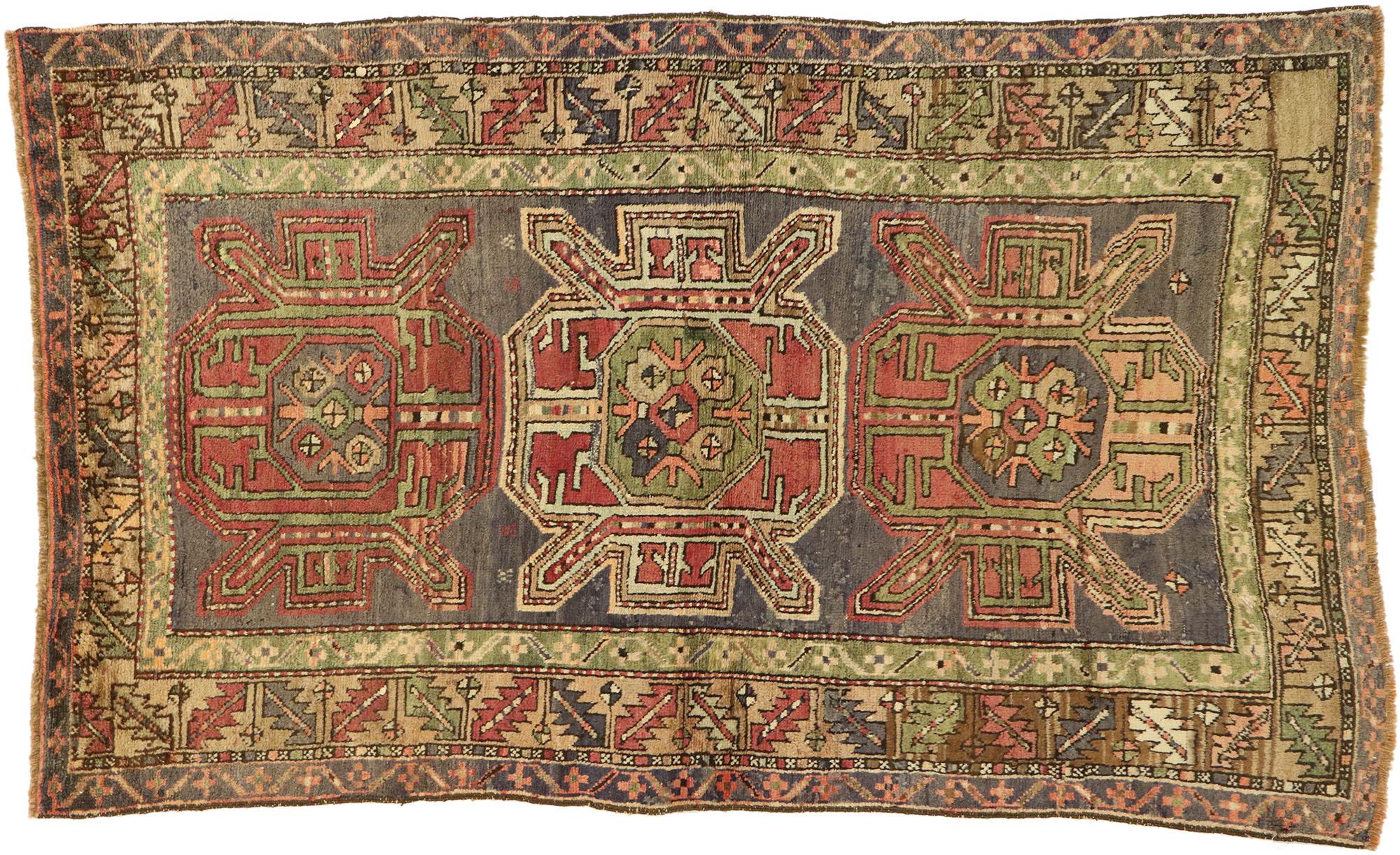 Vintage Turkish Oushak Rug with Tribal Style and Amulet Pattern For Sale 1