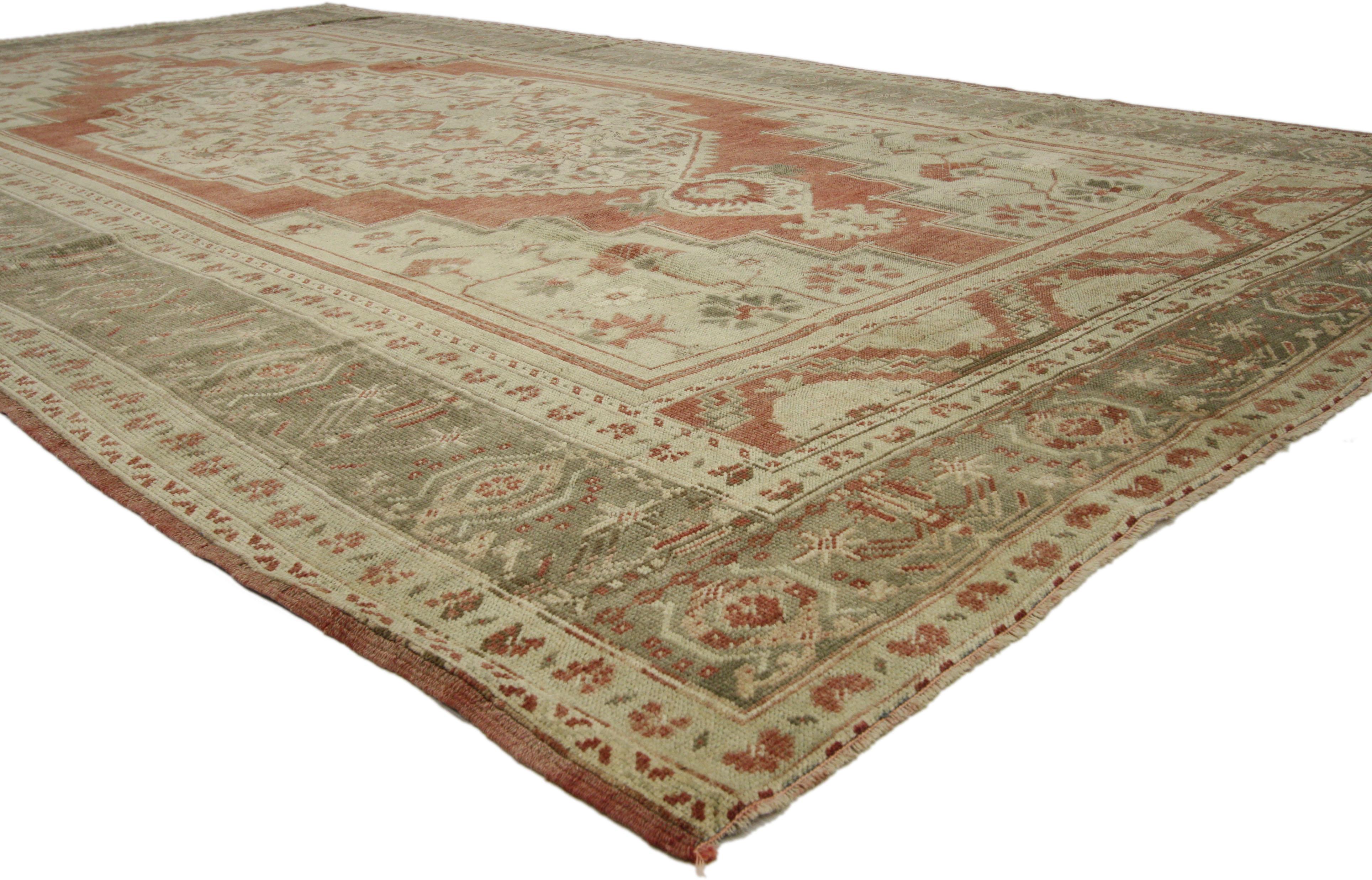 Hand-Knotted Vintage Turkish Oushak Rug with Tudor Style For Sale