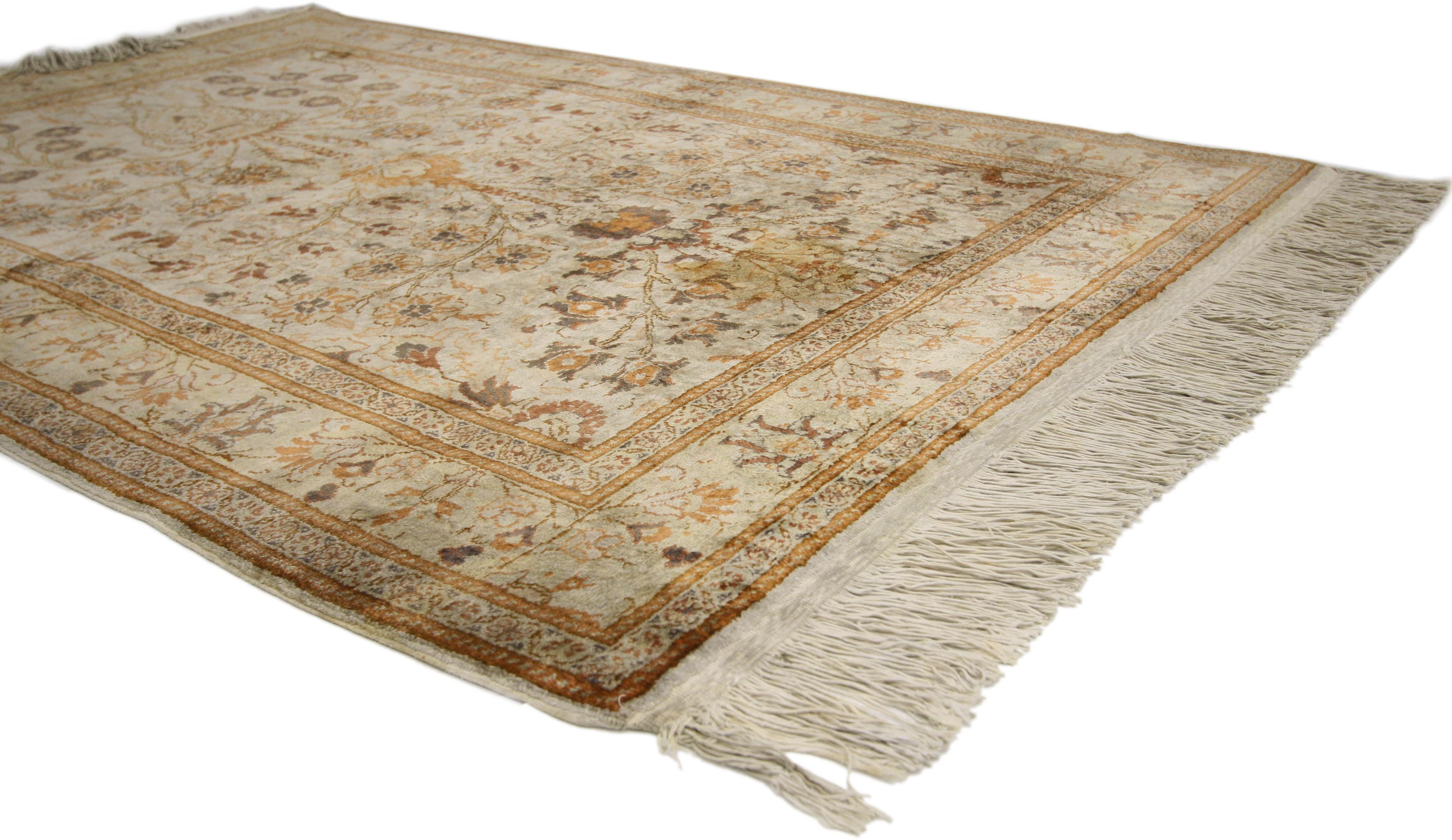 76616 Vintage Turkish Oushak rug with vase design, light colors. This hand knotted cotton vintage Turkish Oushak rug features a directional vase design with a rod sprouting large scale palmettes, flowers and blossoms all-over the creamy-beige field.