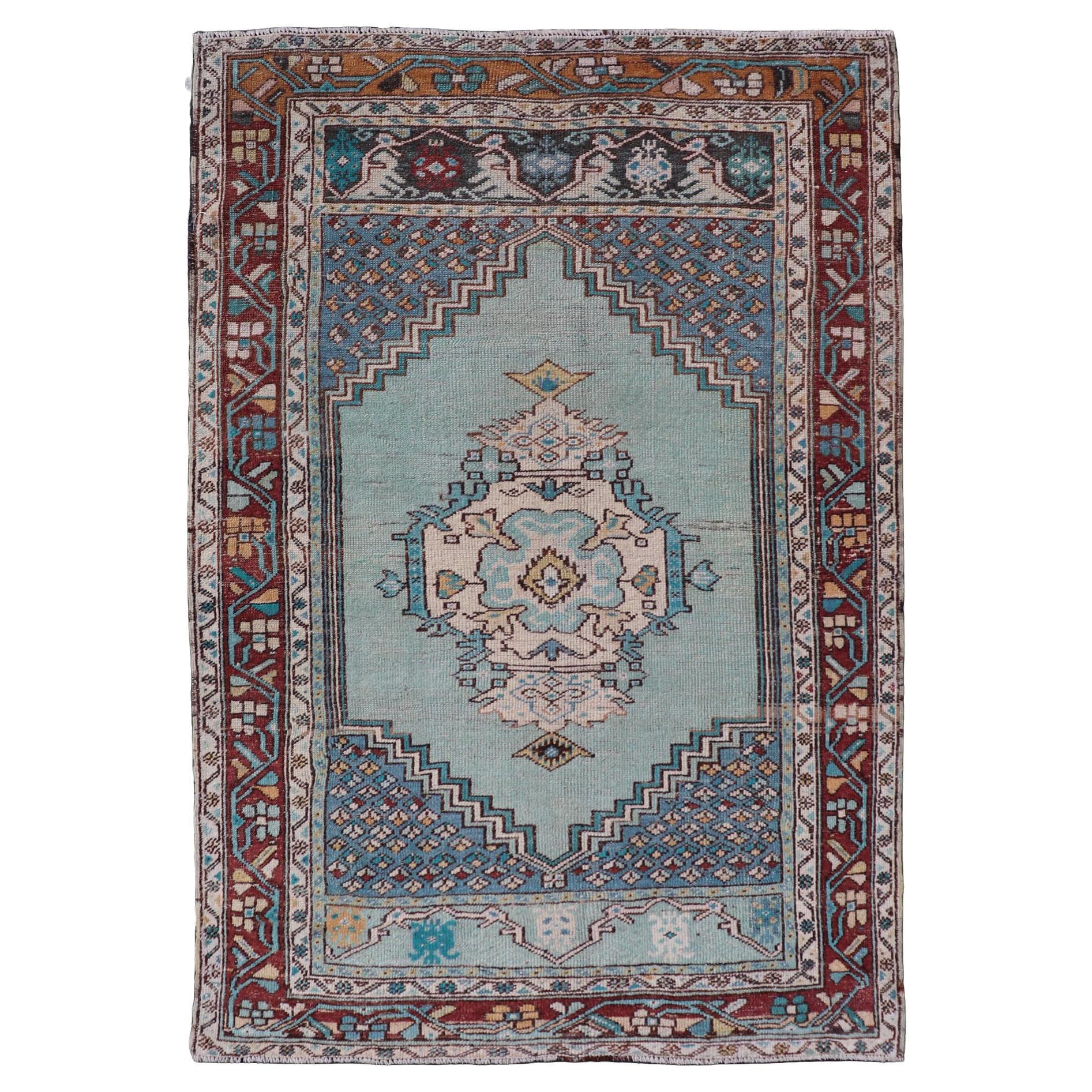 Vintage Turkish Oushak Rug with Vibrant Teal and Rich Maroon Accents