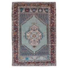 Vintage Turkish Oushak Rug with Vibrant Teal and Rich Maroon Accents