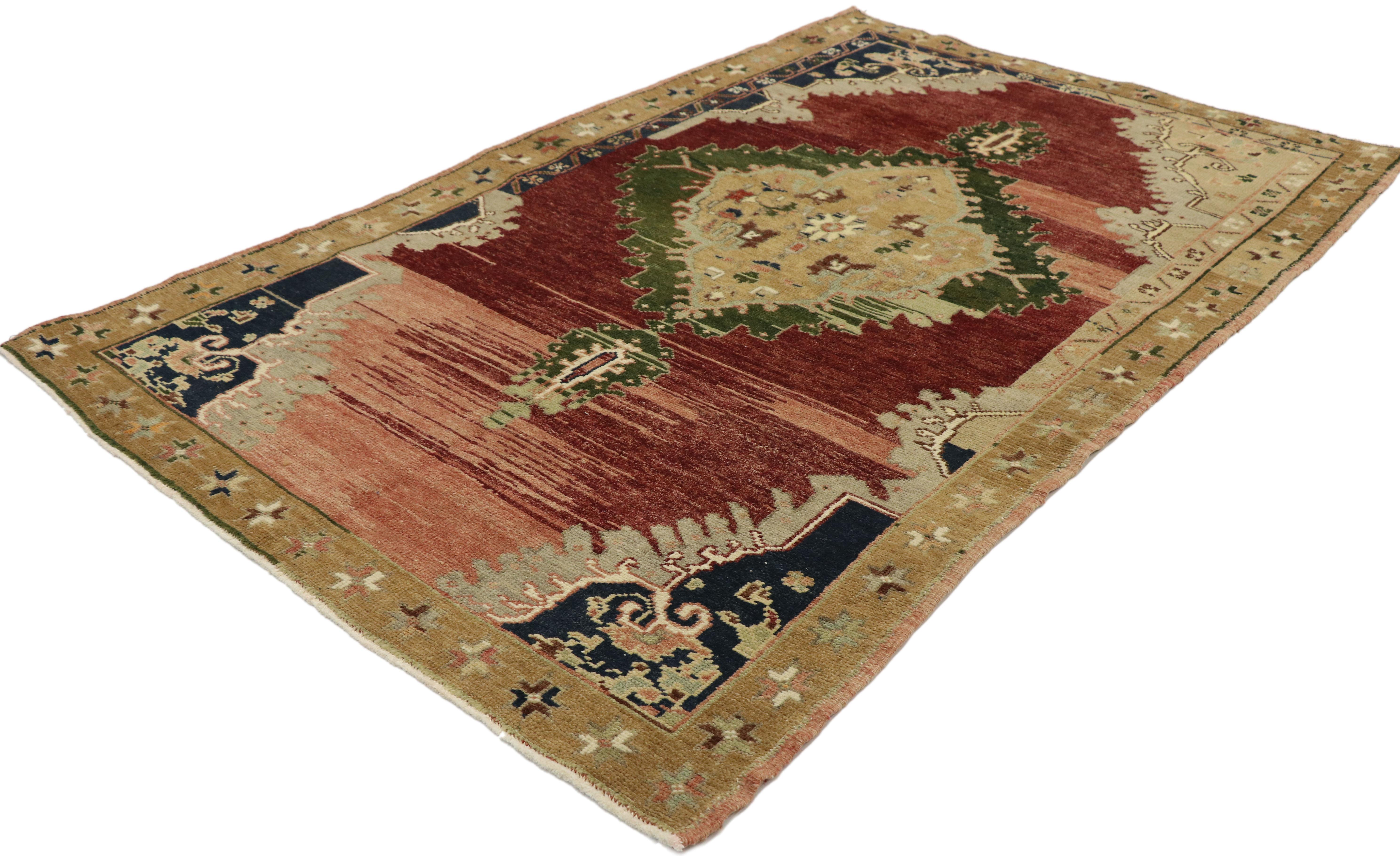 53216 Vintage Turkish Oushak rug with Victorian Gothic style. Rich in detail with dark, majestic colors and beguiling beauty, this hand knotted wool vintage Turkish Oushak rug beautifully embodies a Victorian Gothic style. The abrashed field