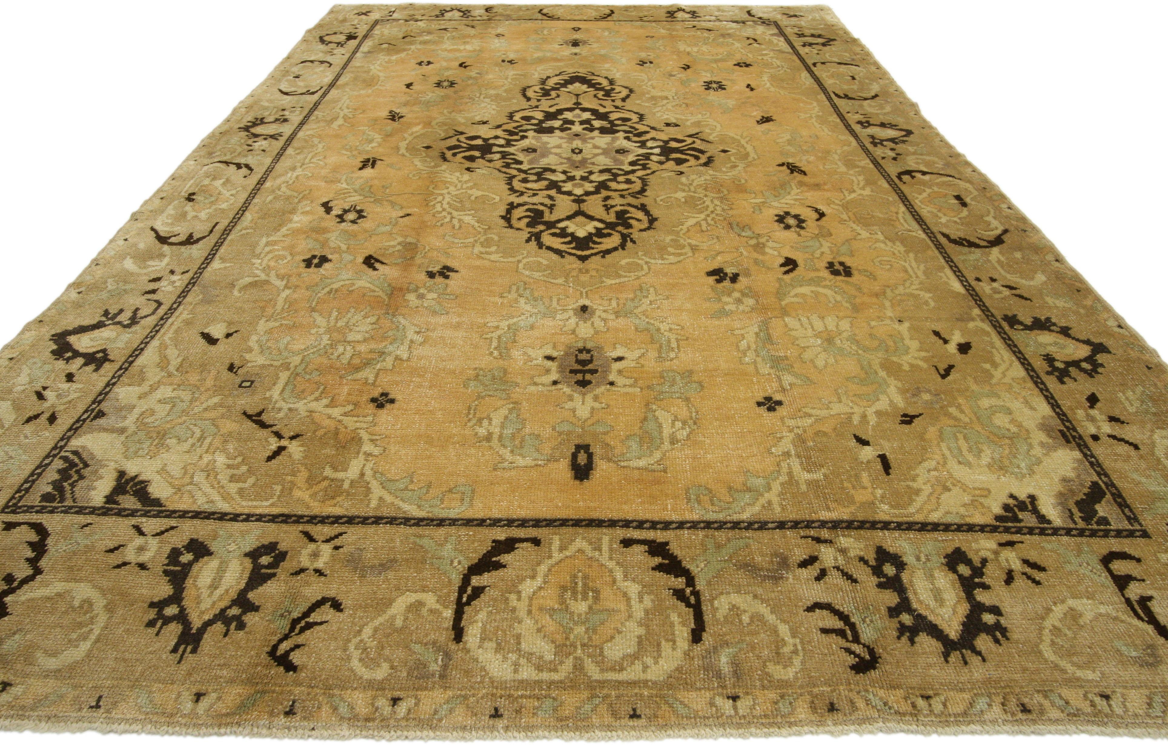 Hand-Knotted Vintage Turkish Oushak Rug with Warm Luxe Home Style For Sale
