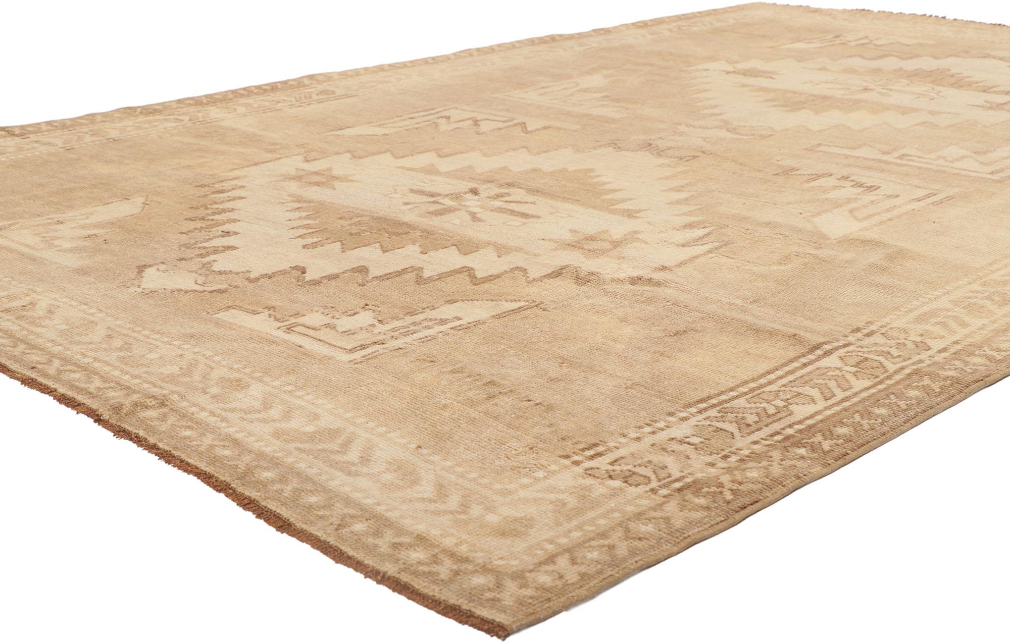 ?53725 Vintage Turkish Oushak Rug with Warm Monochromatic Tribal Style 06'02 x 09'02.Full of tiny details and an expressive tribal design combined with soft pastel colors, this hand-knotted wool vintage Turkish Oushak rug is a captivating vision of