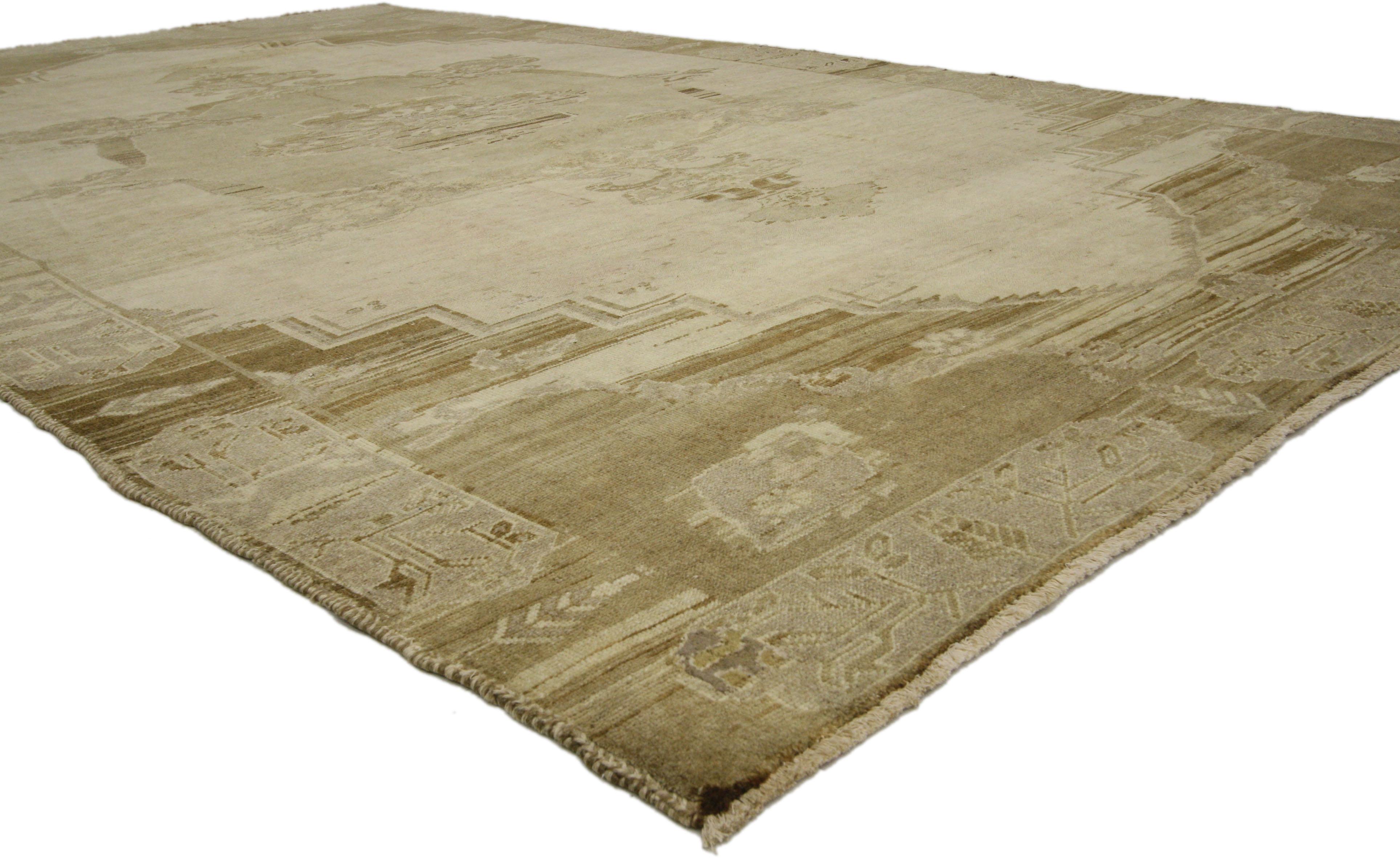 Hand-Knotted Vintage Turkish Oushak Rug with Warm, Neutral Colors and Modern Style For Sale