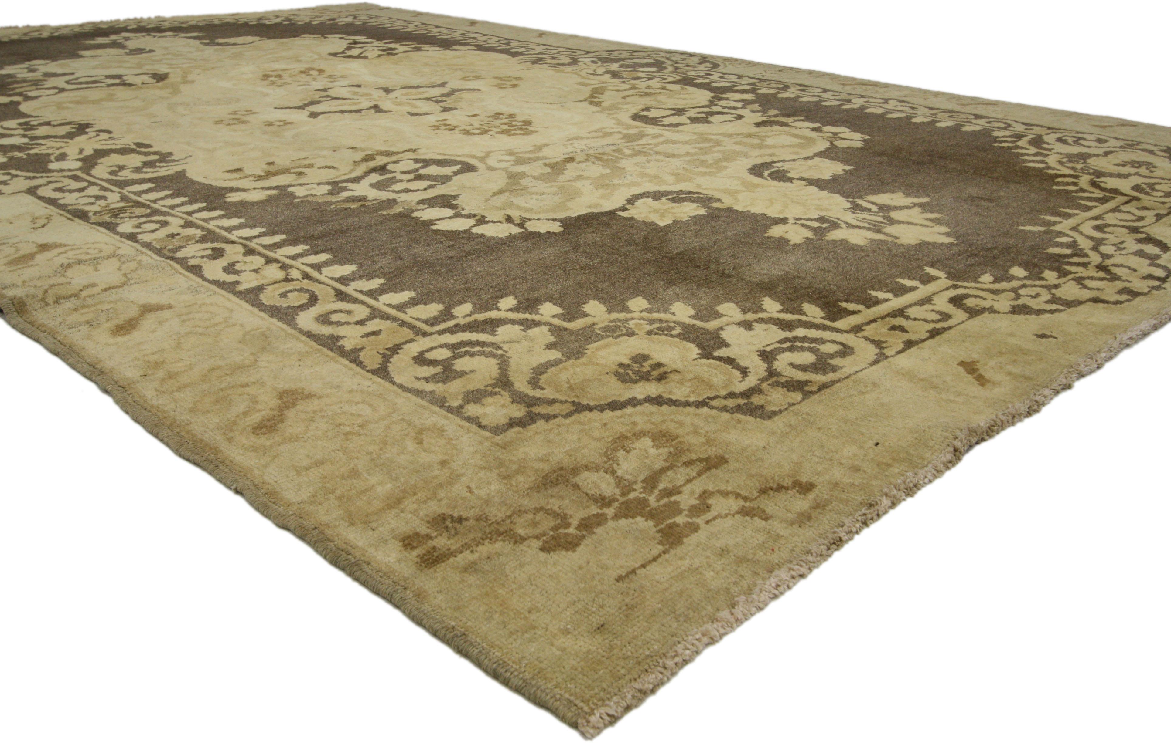 Hand-Knotted Vintage Turkish Oushak Rug with Warm, Neutral Colors For Sale