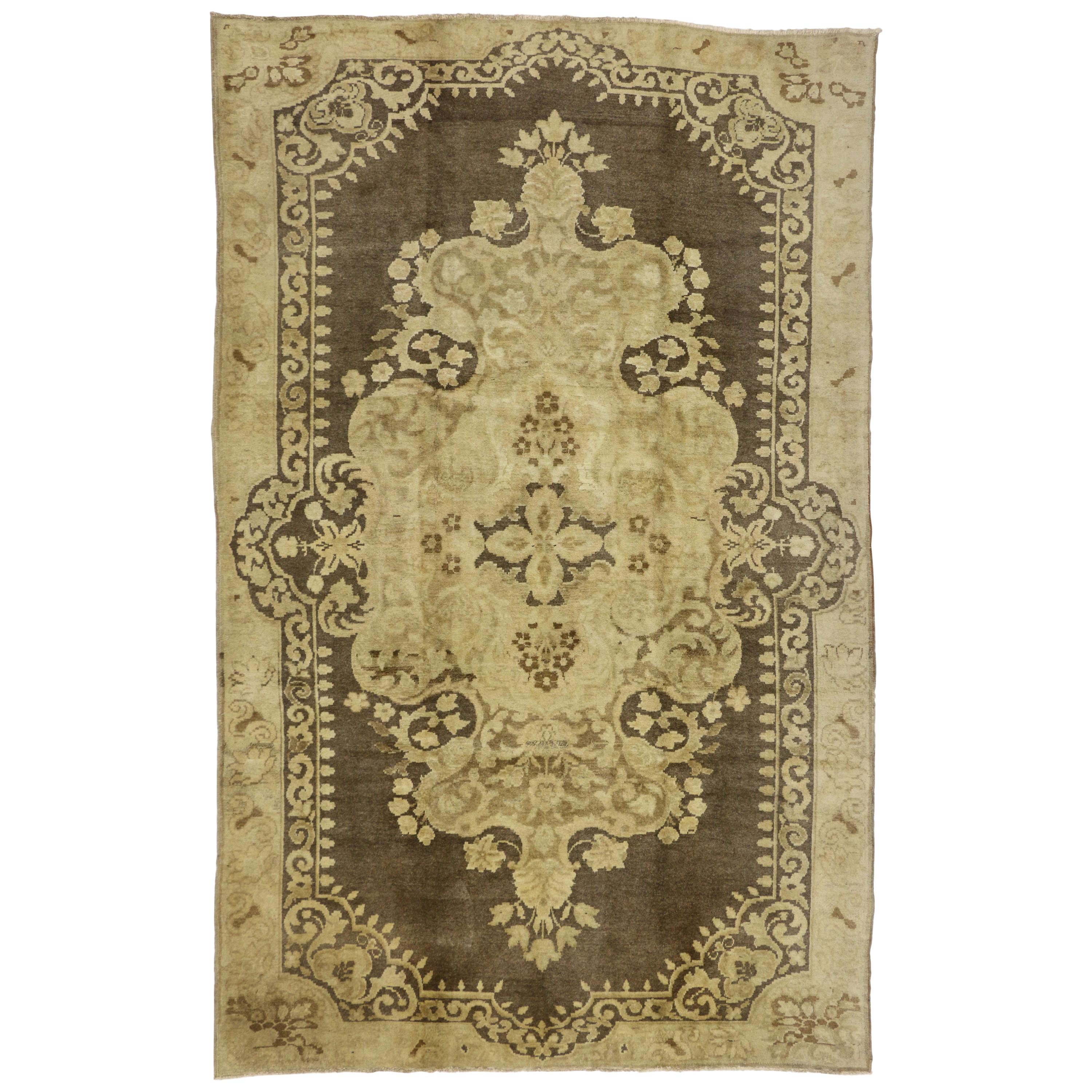 Vintage Turkish Oushak Rug with Warm, Neutral Colors For Sale