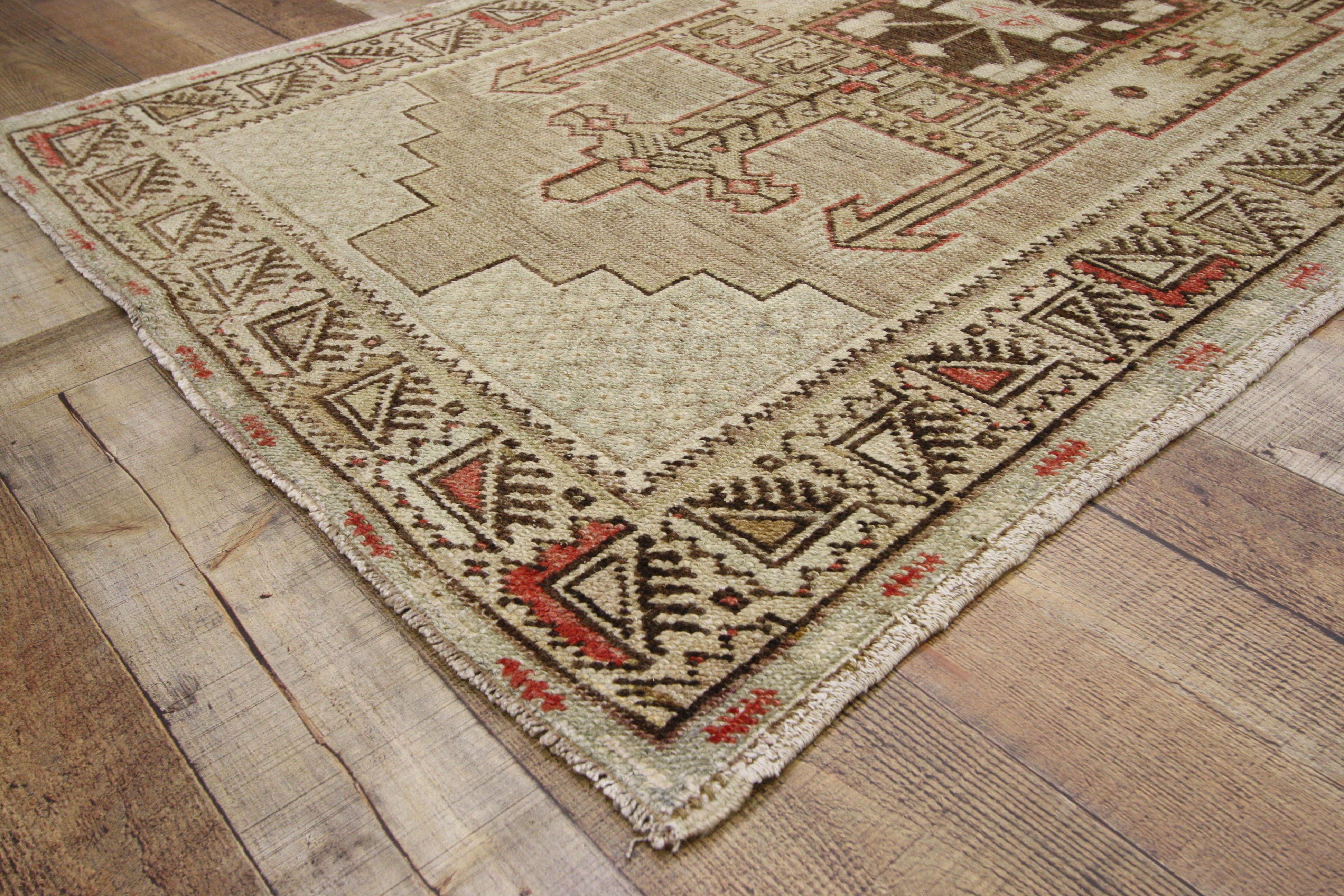 52421, vintage Turkish Oushak rug with warm, neutral colors. Subtle hues and geometric patterns collide in this lovely Turkish Oushak with warm, neutral colors. The soft colors combined with the detailed motifs create a pleasing overall effect. The