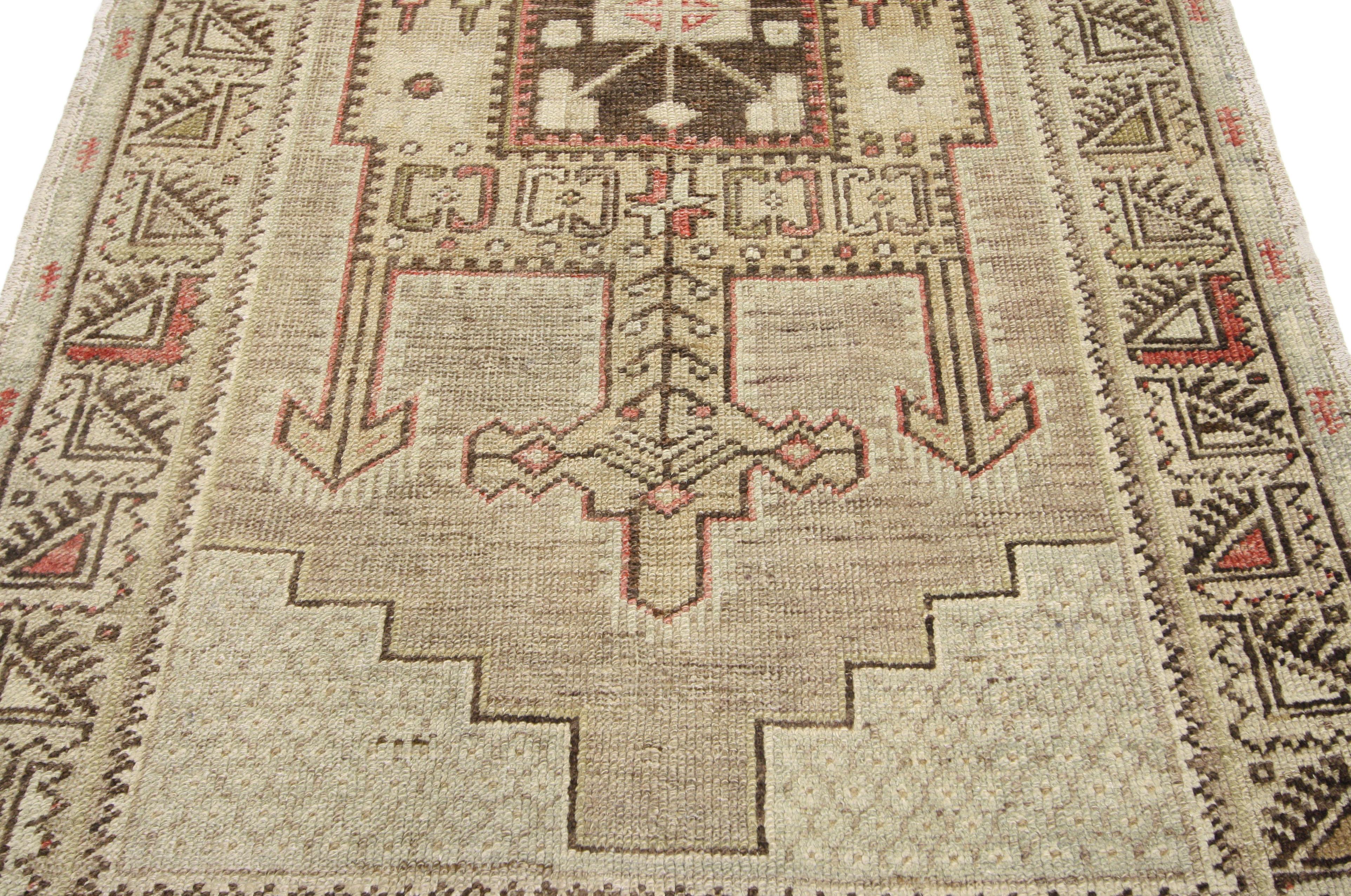 20th Century Vintage Turkish Oushak Rug with Warm, Neutral Colors, Short Hallway Runner For Sale