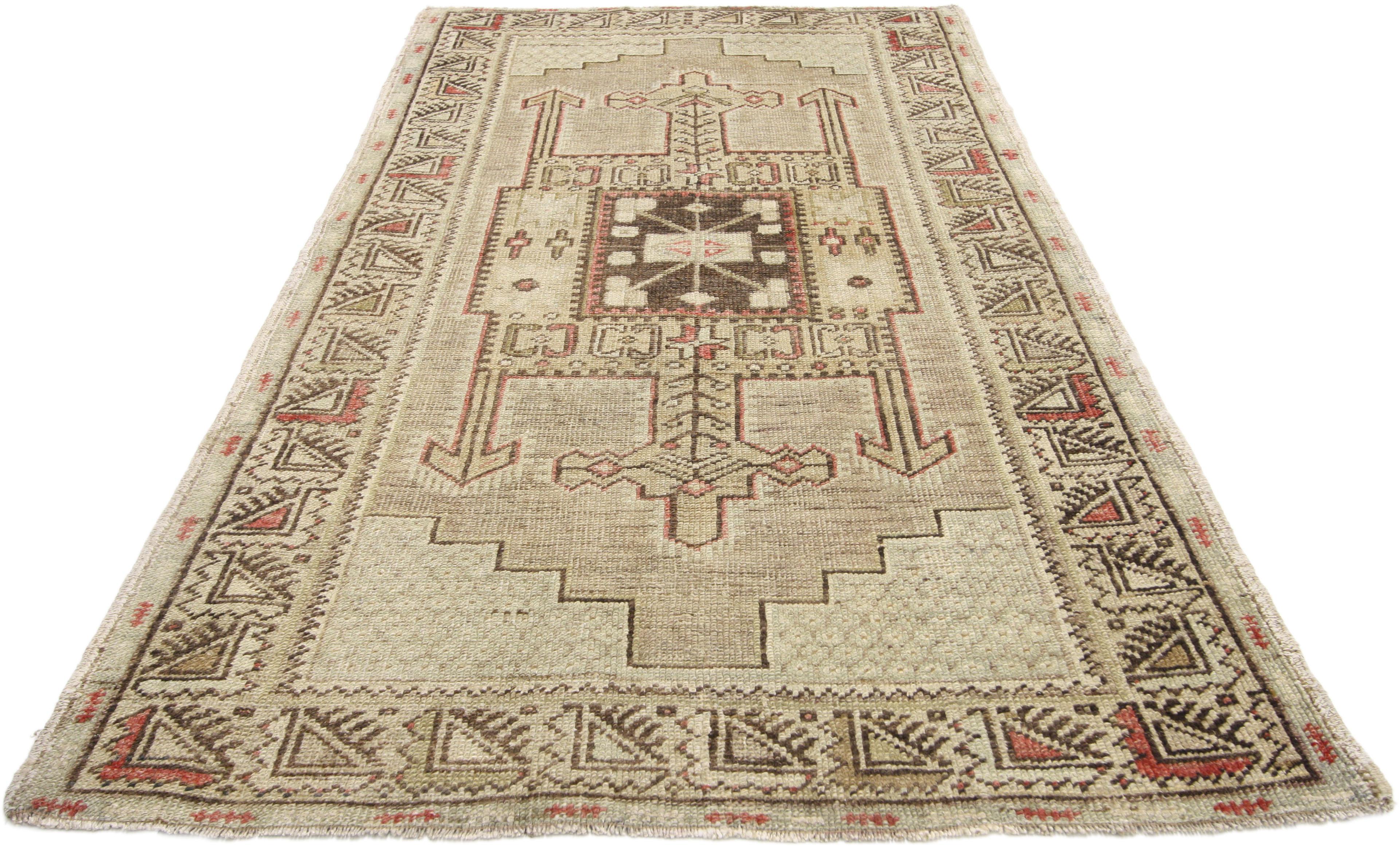 Wool Vintage Turkish Oushak Rug with Warm, Neutral Colors, Short Hallway Runner For Sale