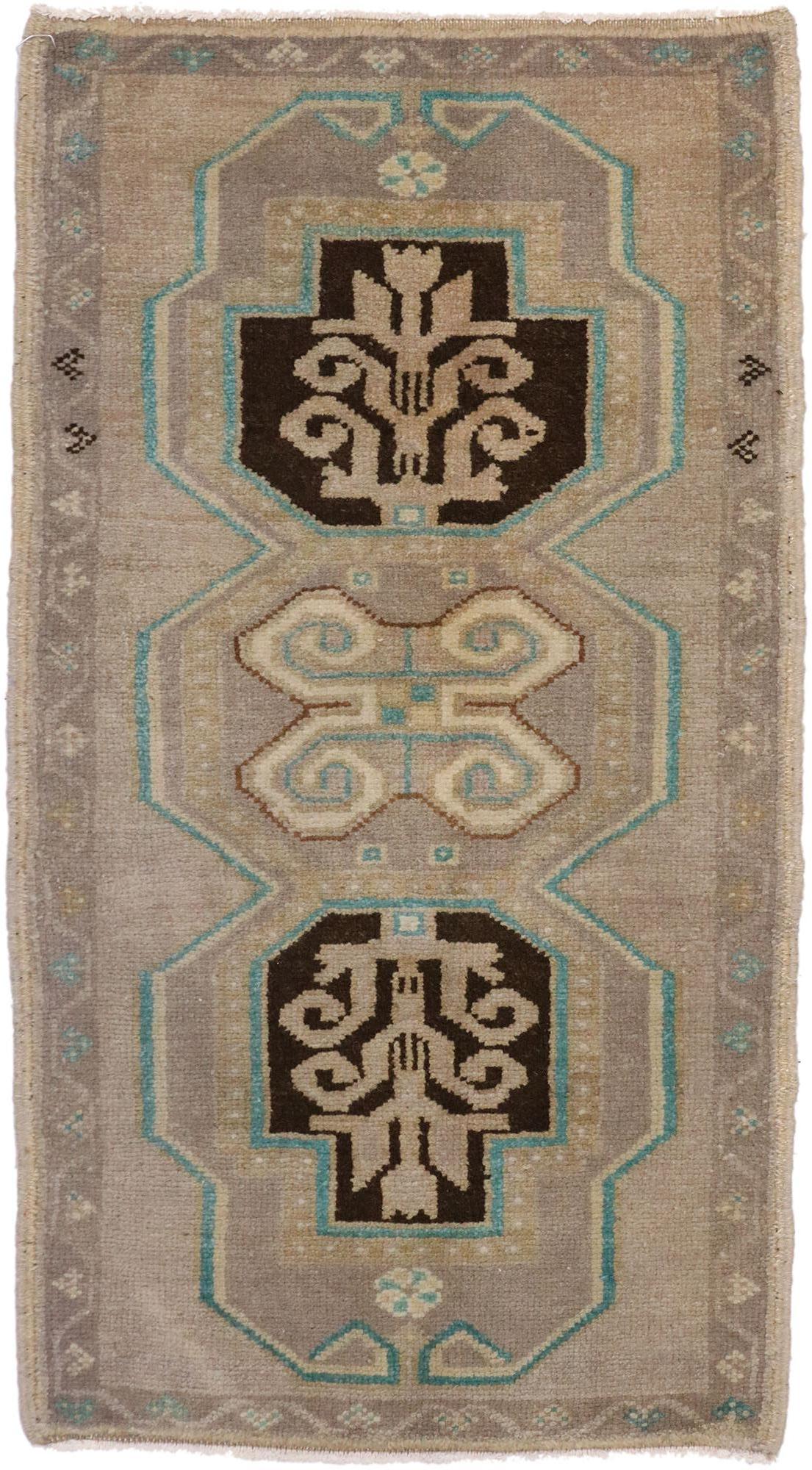 52276 Vintage Turkish Oushak Yastik Scatter Rug, Small Accent Rug 01'07 x 02'10. This hand-knotted wool vintage Turkish Oushak Yastik scatter rug features a botanical scene composed of ambiguous Anatolian symbols on an abrashed field. It is enclosed