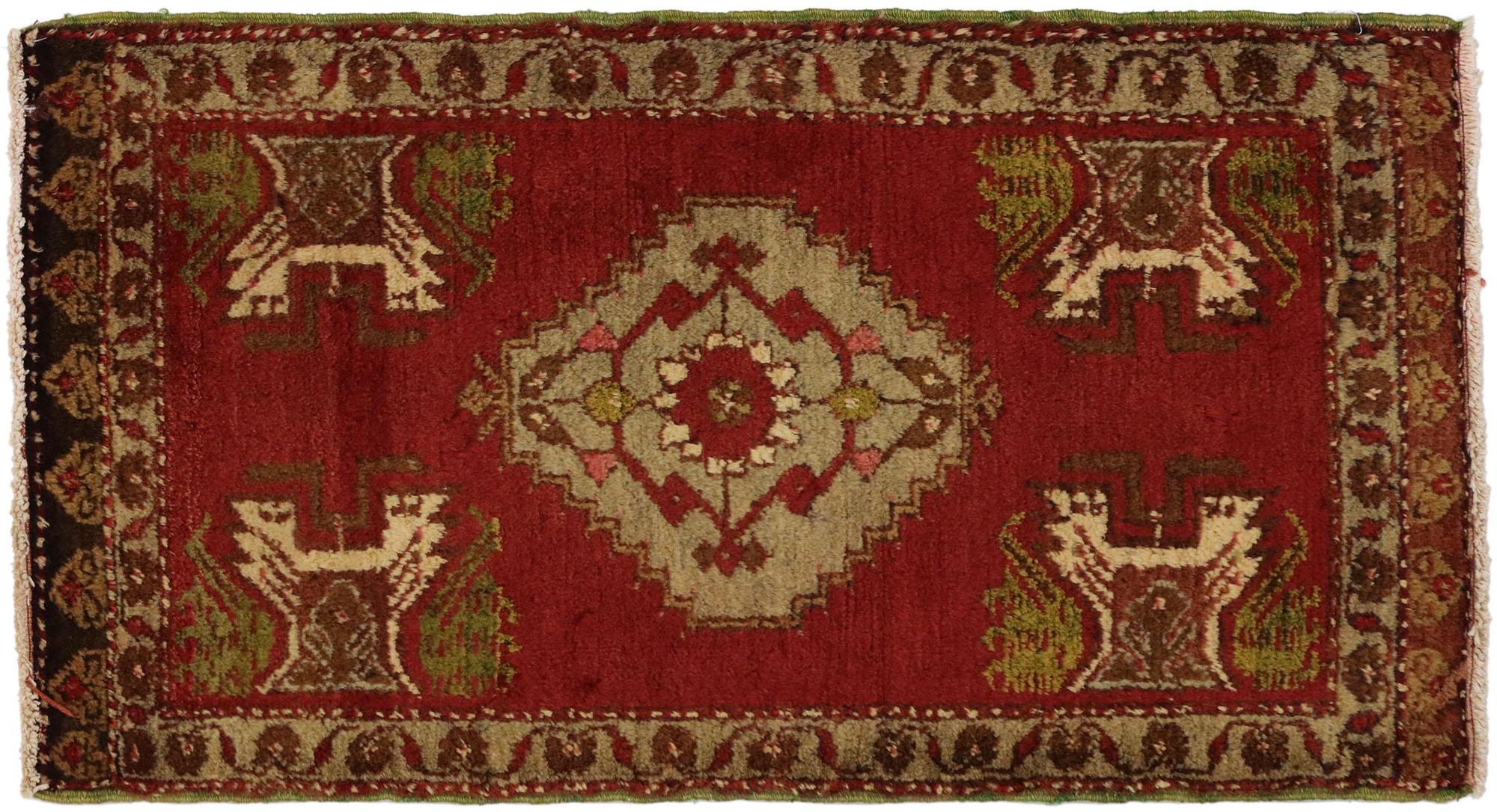 50787 Vintage Turkish Oushak Yastik Scatter Rug, Small Accent Rug 01'09 x 03'02. This hand-knotted wool vintage Turkish Oushak Yastik scatter rug features a central stepped medallion patterned with a geometric botanical scene flanked with four
