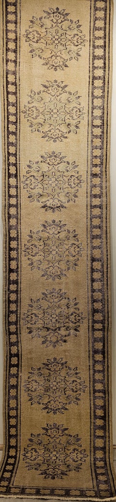 Vintage Turkish Oushak Runner in Ivory, Brown and Green Colors
