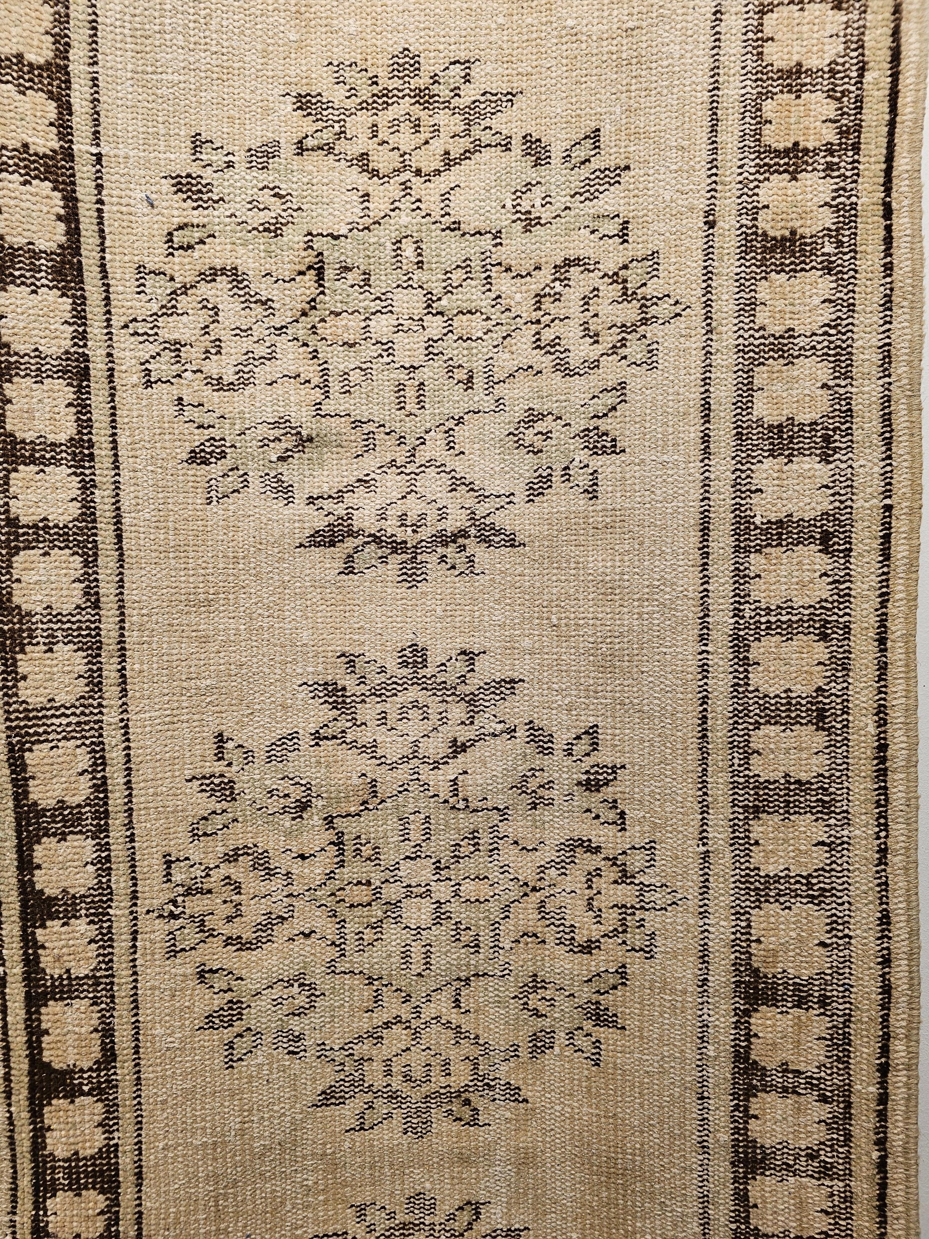 Hand-Woven Vintage Turkish Oushak Runner in Ivory, Brown and Green Colors For Sale