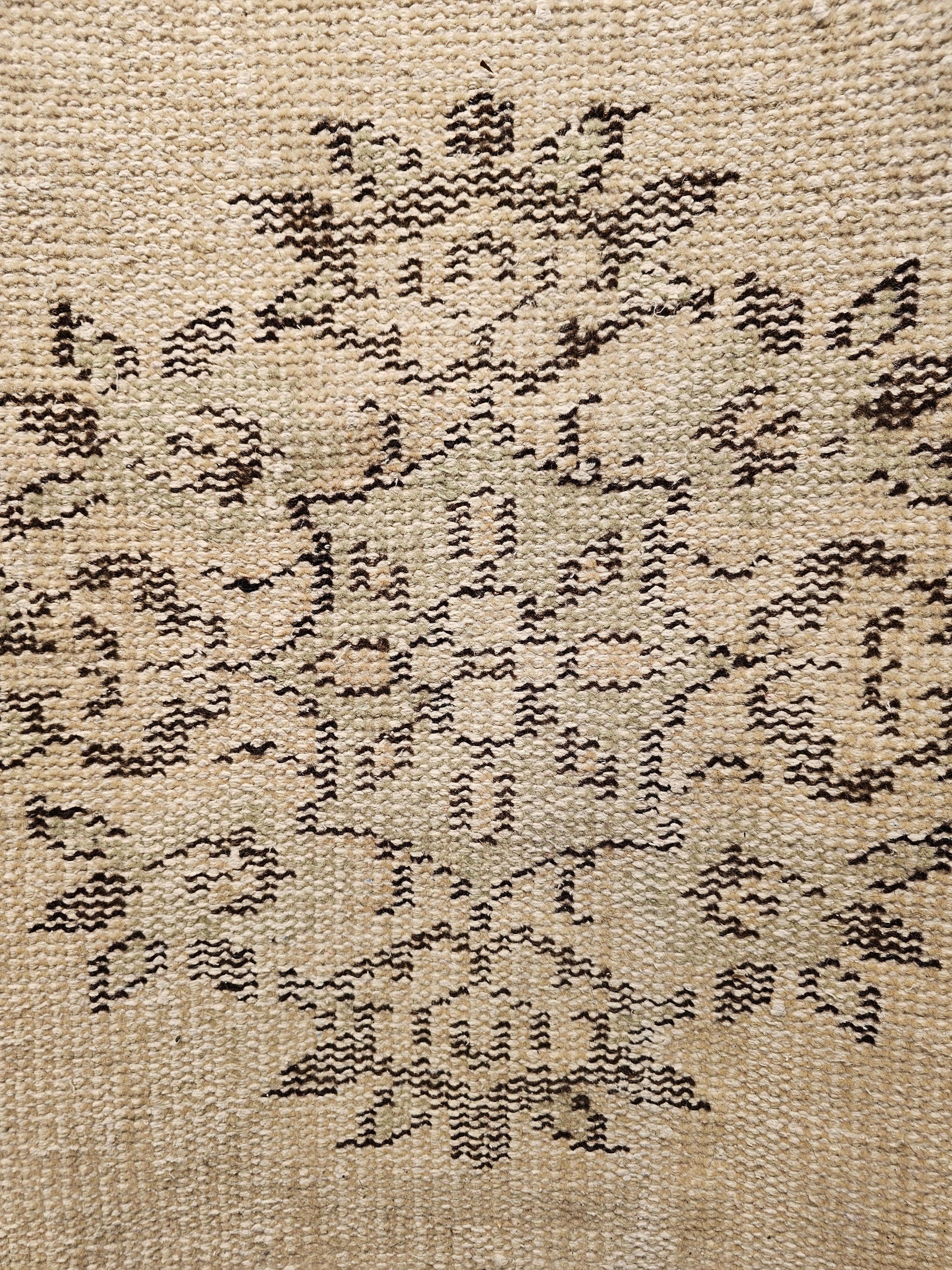 Vintage Turkish Oushak Runner in Ivory, Brown and Green Colors In Good Condition For Sale In Barrington, IL