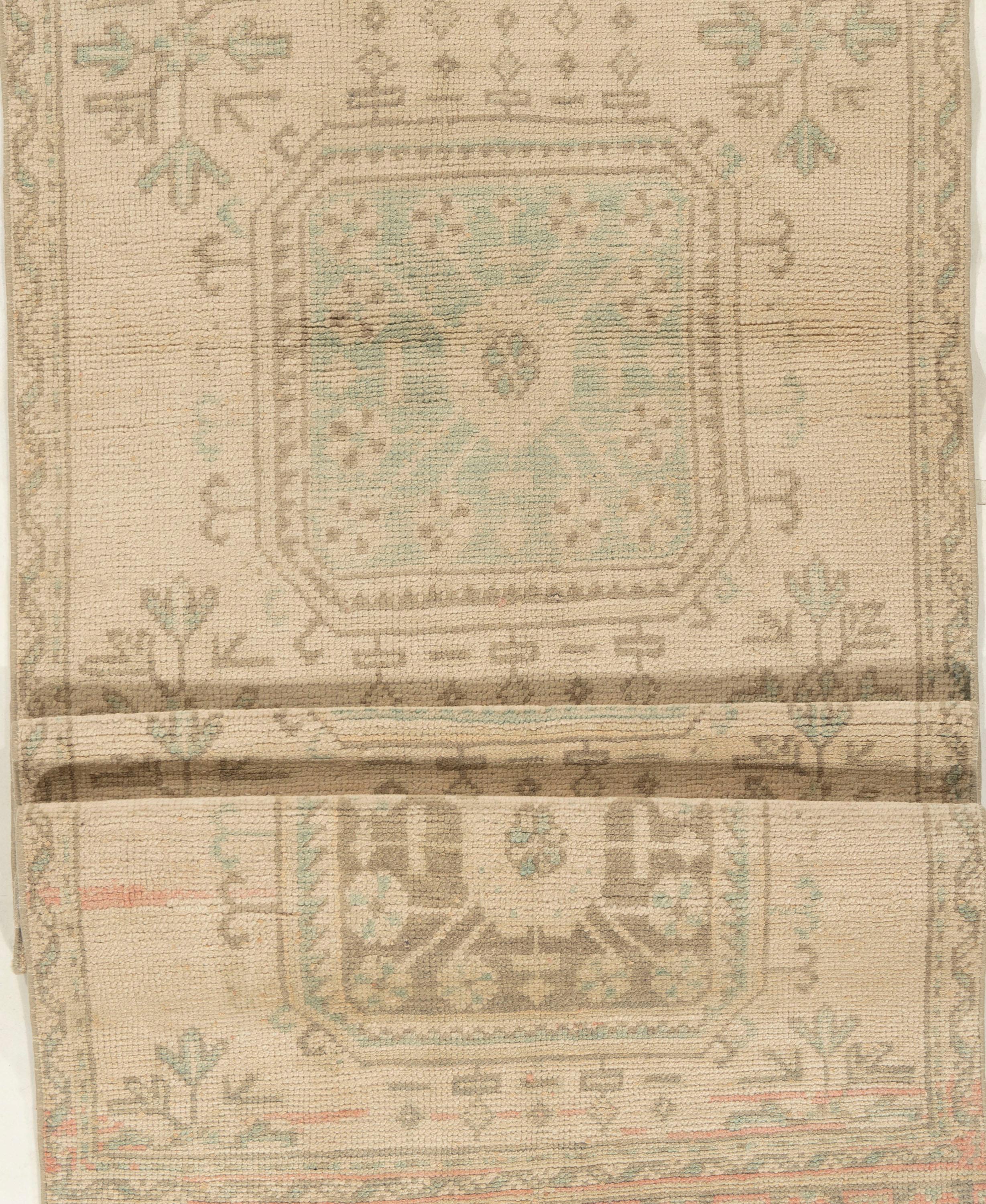 Hand-Knotted Vintage Turkish Oushak Runner 3'3 X 11'4 For Sale