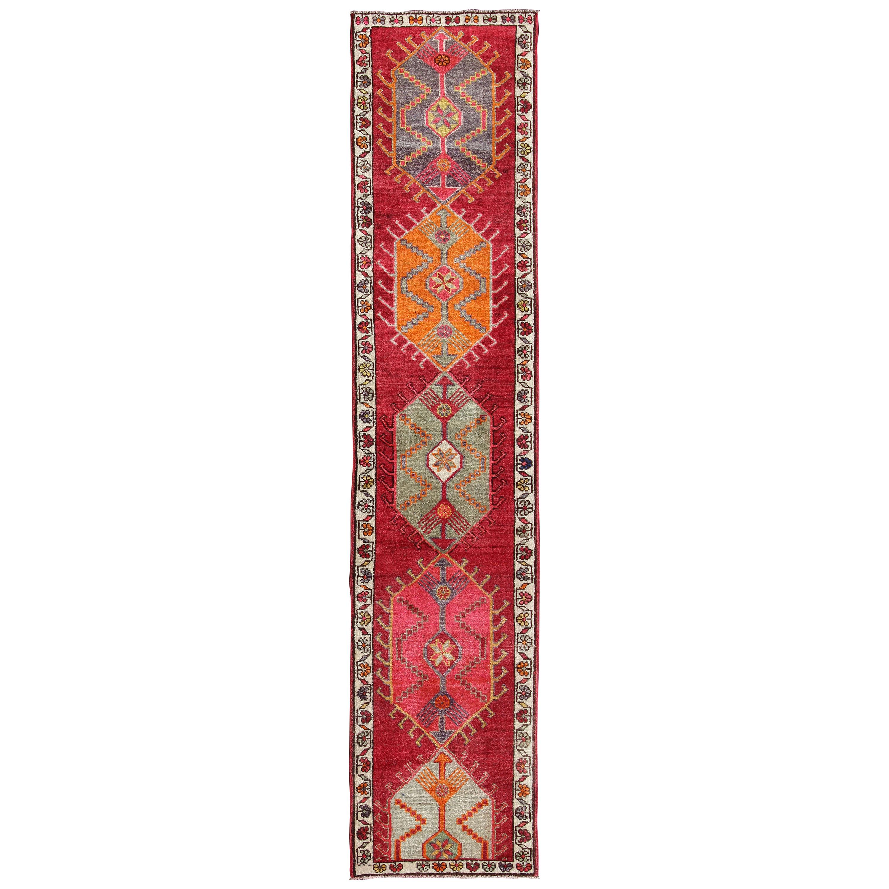 Vintage Turkish Oushak Runner with Bright and Colorful Medallion Design For Sale