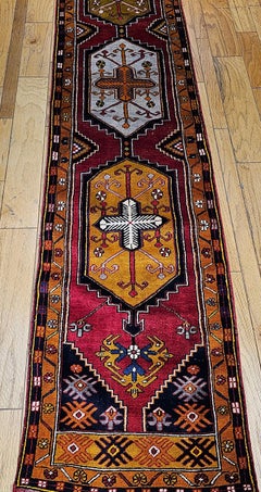 Vintage Turkish Oushak Runner, Handwoven Wool Pile, Geometric Pattern, 3' x 15'