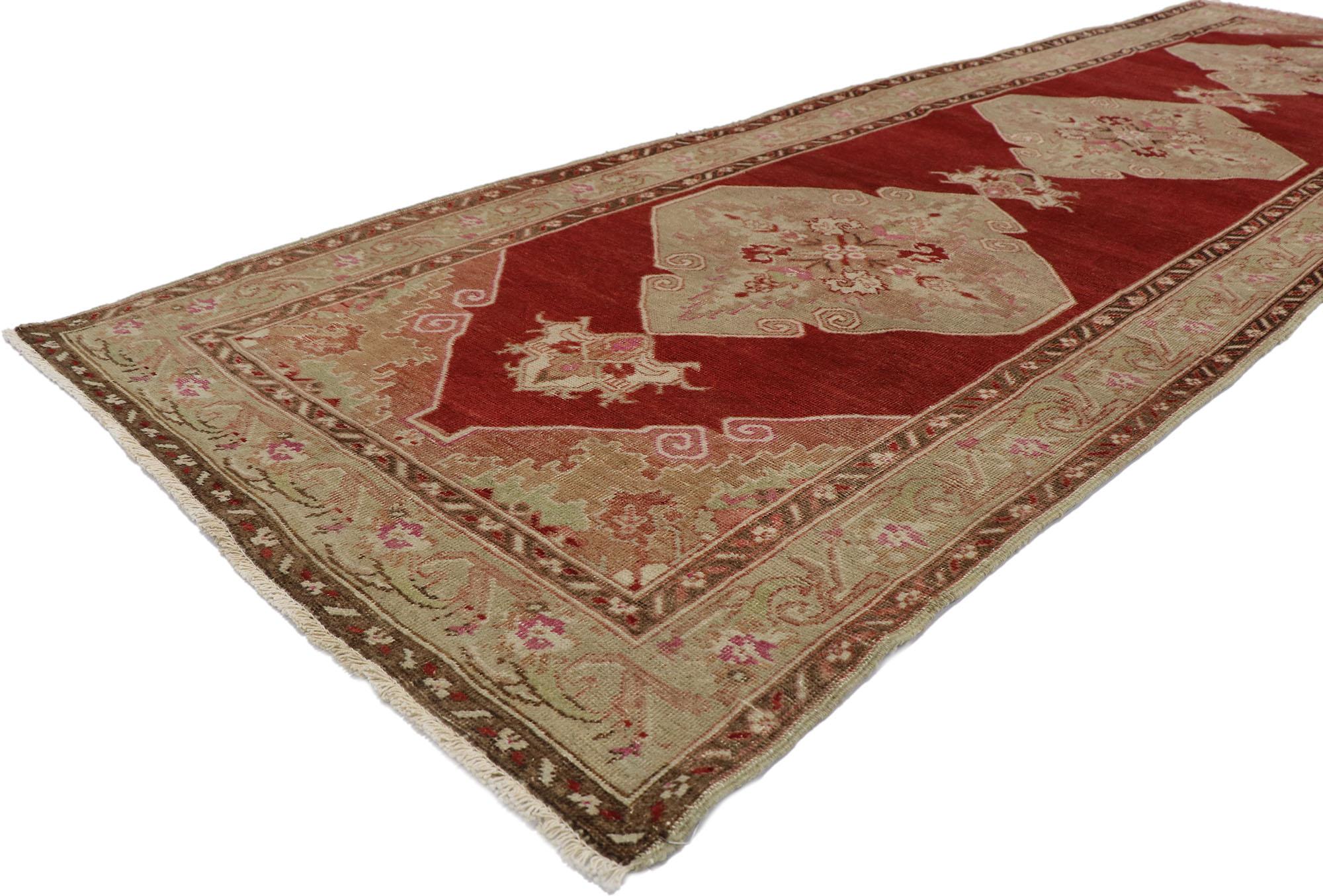 53614 Vintage Turkish Oushak runner with English Tudor Style 03'04 x 10'10. With its striking appeal and effortless beauty, this hand-knotted wool vintage Turkish Oushak runner appears like a sumptuous Italian velvet, recalling the rich and
