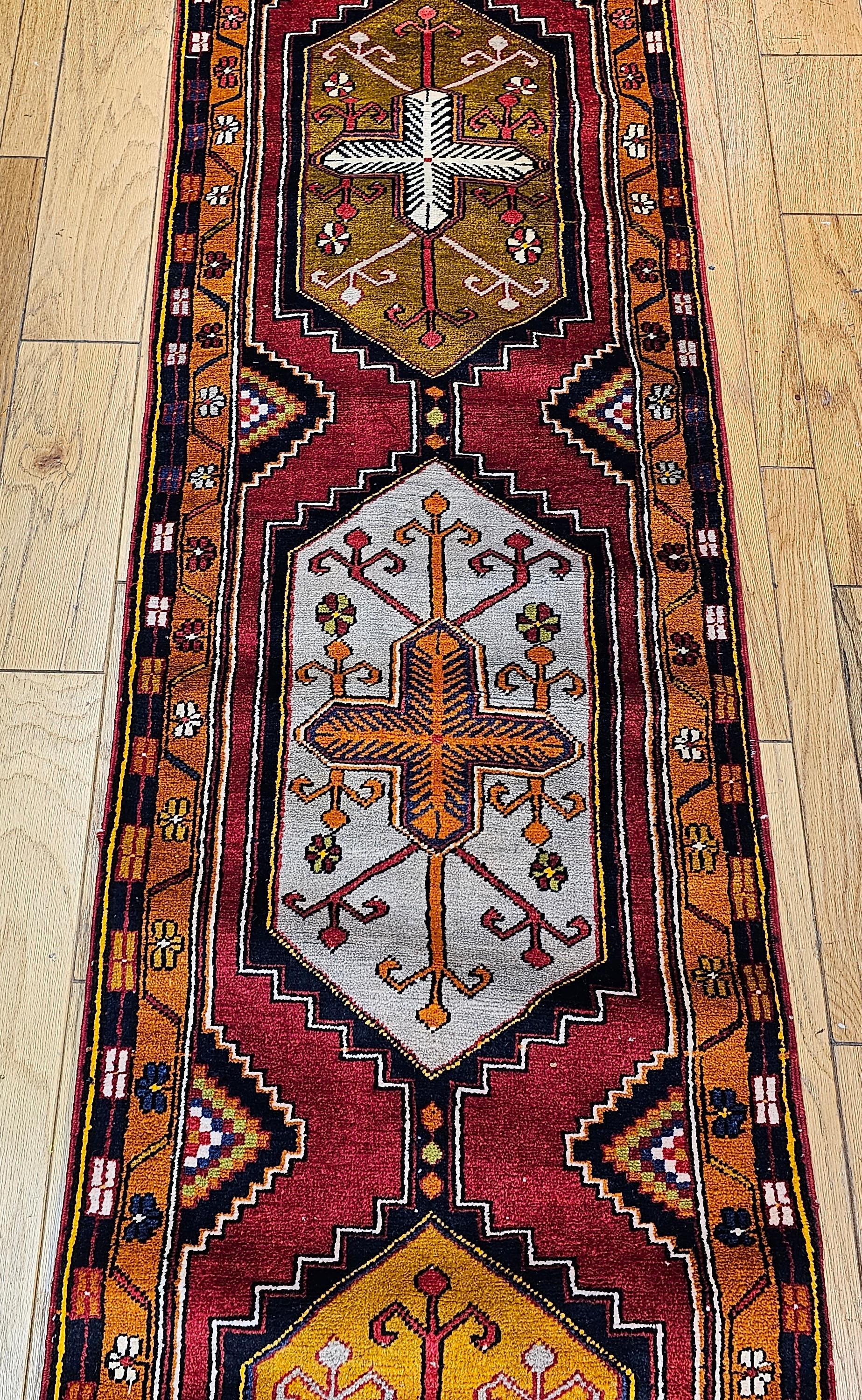 Vegetable Dyed Vintage Turkish Oushak Runner – Red Field with Gold & Ivory Geometric Medallions For Sale