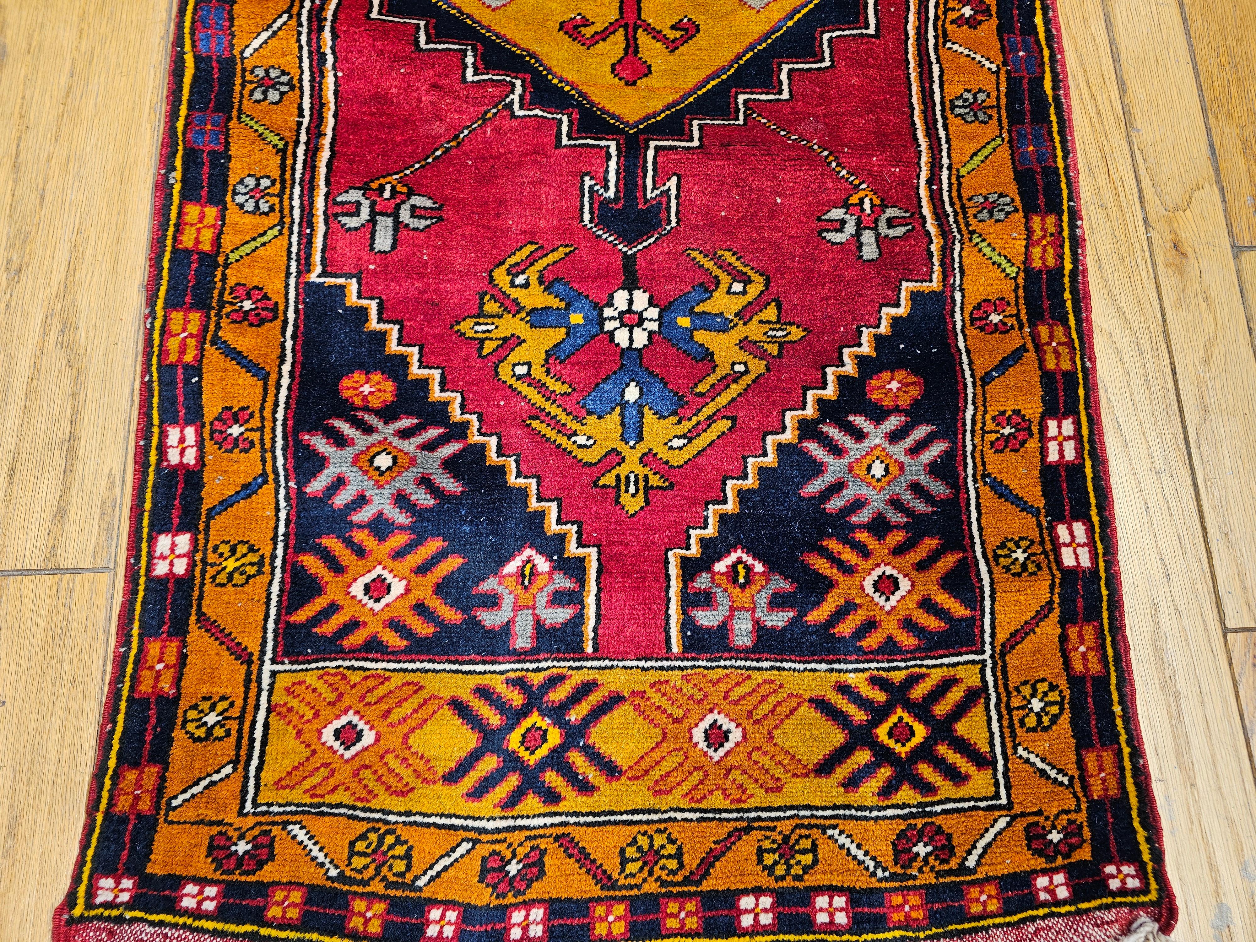 20th Century Vintage Turkish Oushak Runner – Red Field with Gold & Ivory Geometric Medallions For Sale