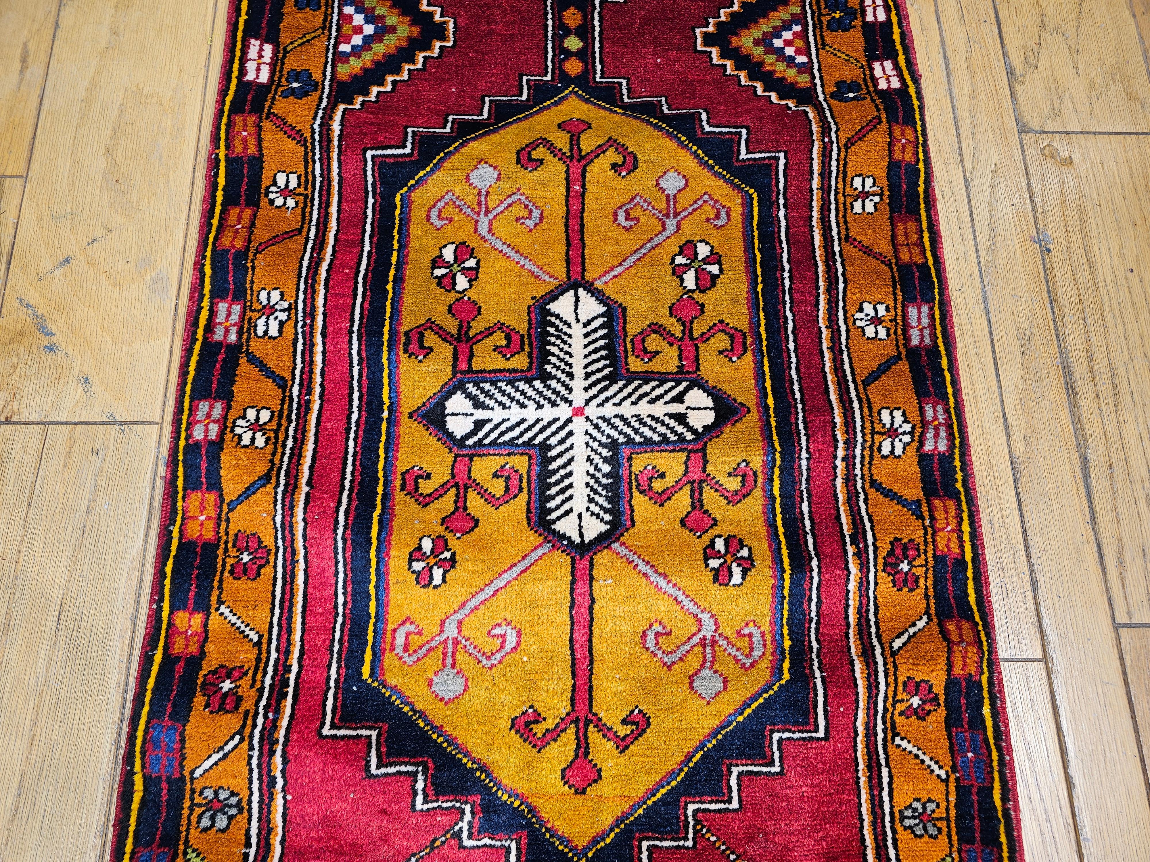 Wool Vintage Turkish Oushak Runner – Red Field with Gold & Ivory Geometric Medallions For Sale