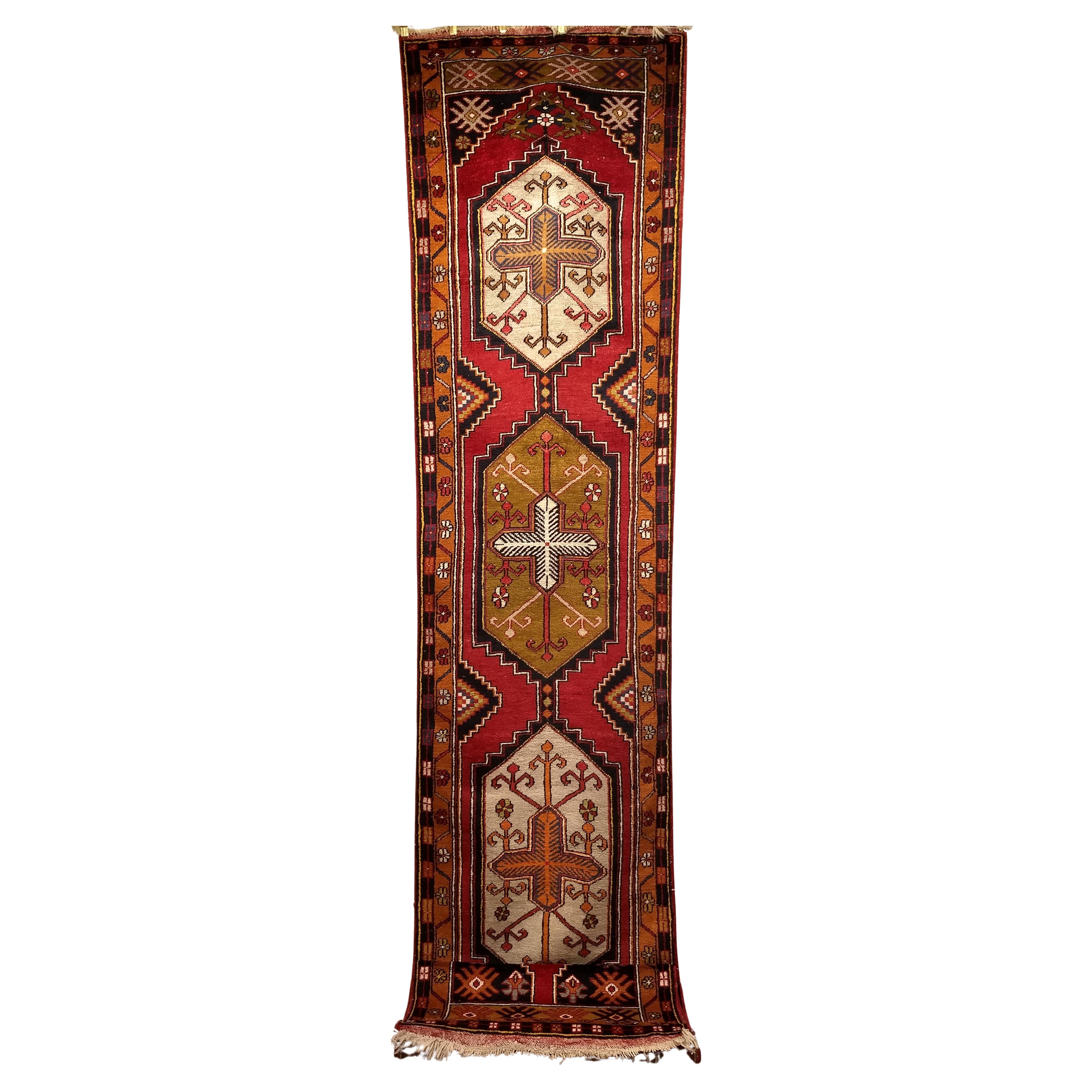 Vintage Turkish Oushak Runner – Red Field with Gold & Ivory Geometric Medallions For Sale