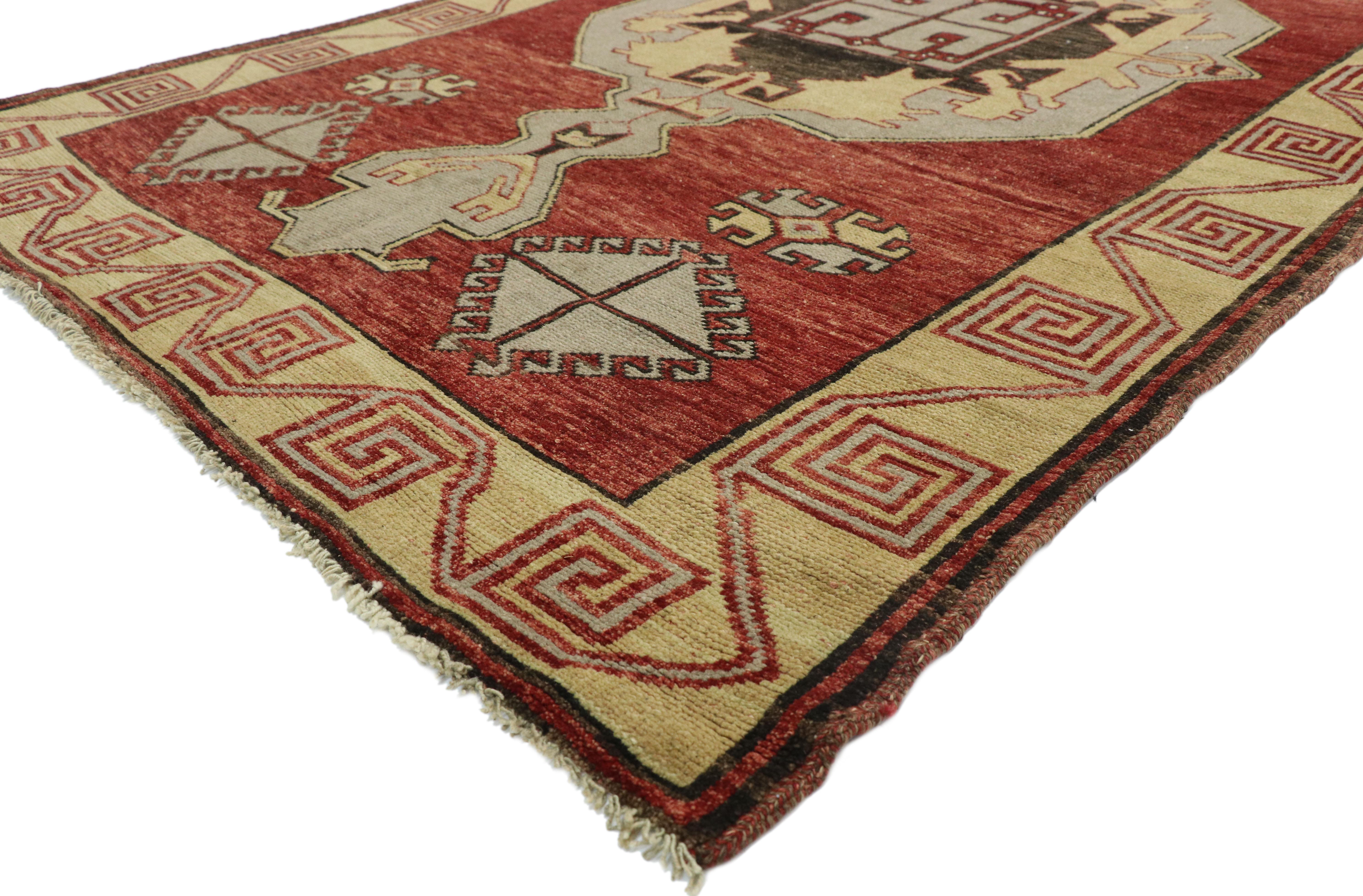51640 Vintage Turkish Oushak runner with Mid-Century Modern style, Wide Hallway runner 04'10 x 14'09. Full of character and stately presence, this vintage Turkish Oushak runner (gallery rug) with Mid-Century Modern style showcases an extravagant