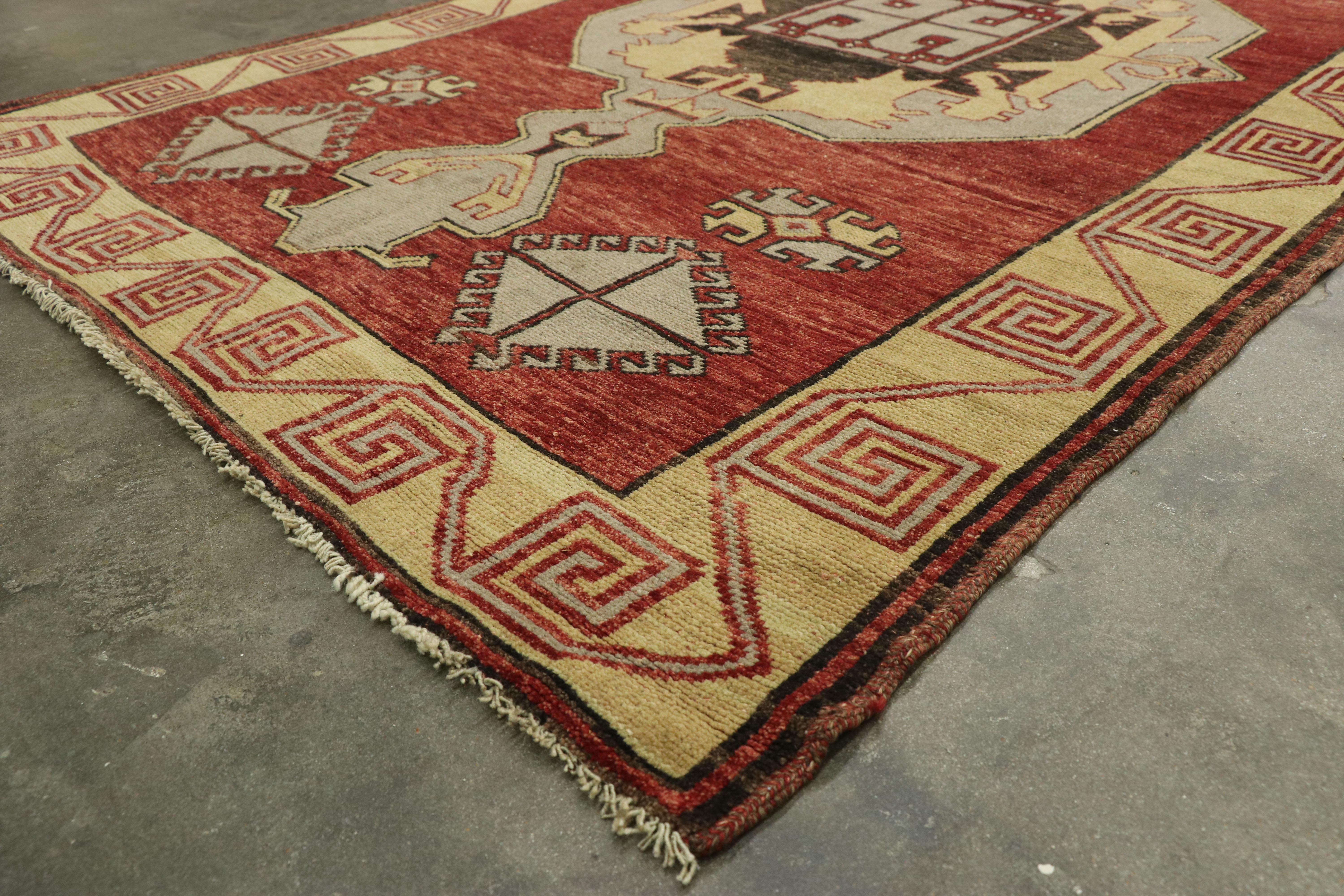 Hand-Knotted Vintage Turkish Oushak Runner with Mid-Century Modern Style, Wide Hallway Runner For Sale