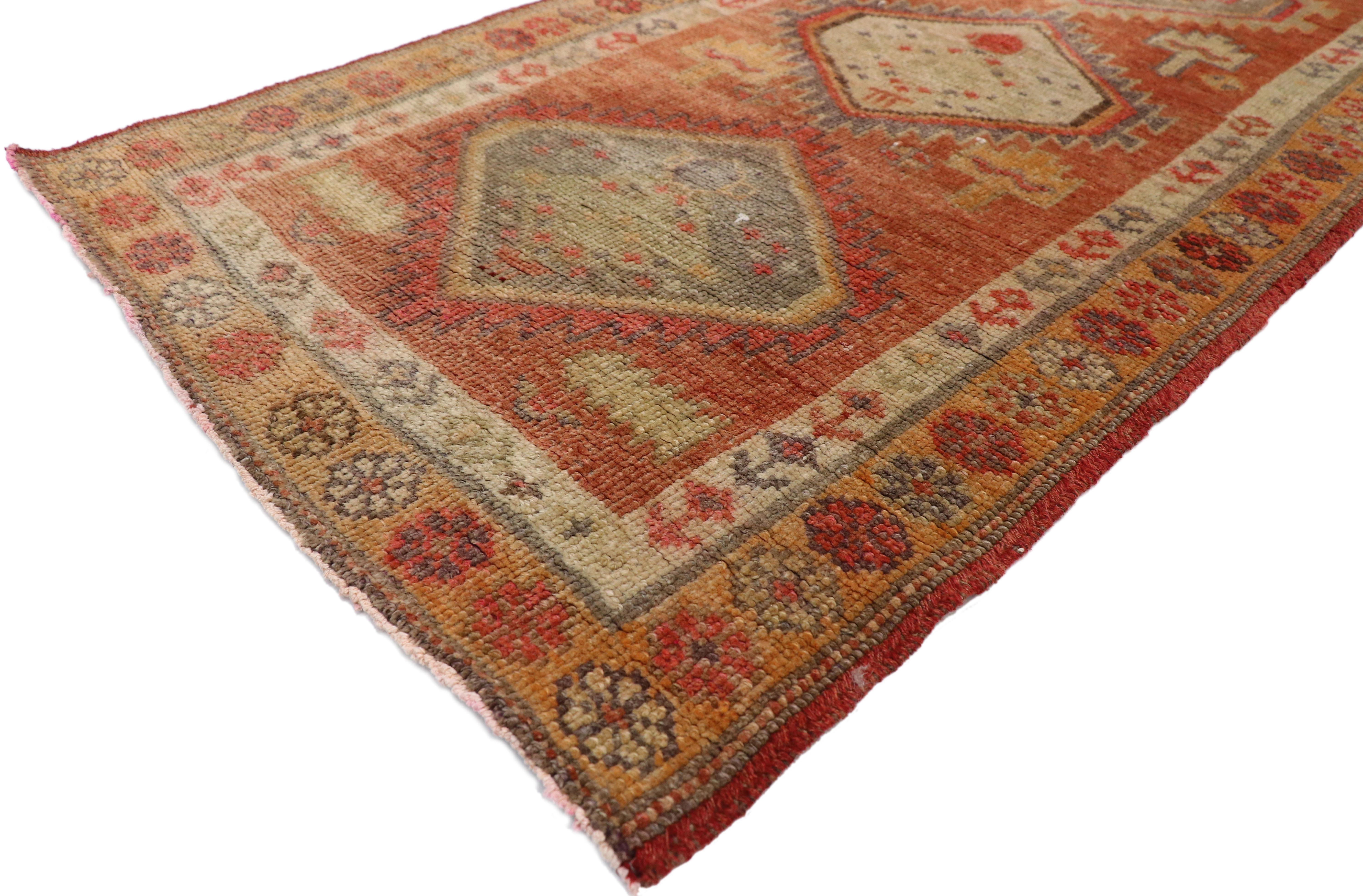 51665 Vintage Turkish Oushak Runner with Modern Northwest Style 02'07 x 11'01.  With its bold elemental nature combined with neutral tones and bright color pop, this hand-knotted wool vintage Turkish Oushak runner embodies a modern northwest style.