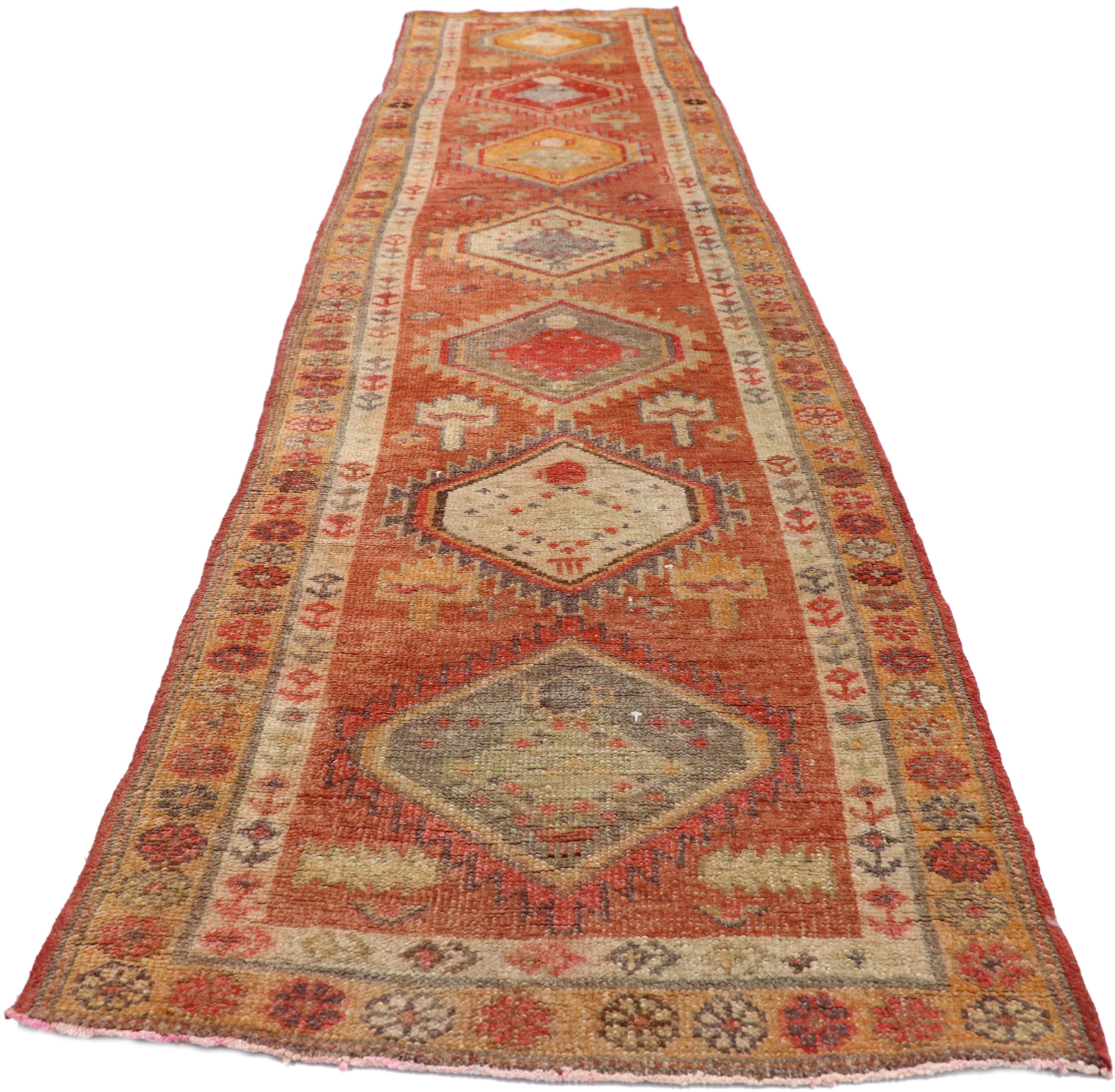Hand-Knotted Vintage Turkish Oushak Runner with Modern Northwest Style For Sale