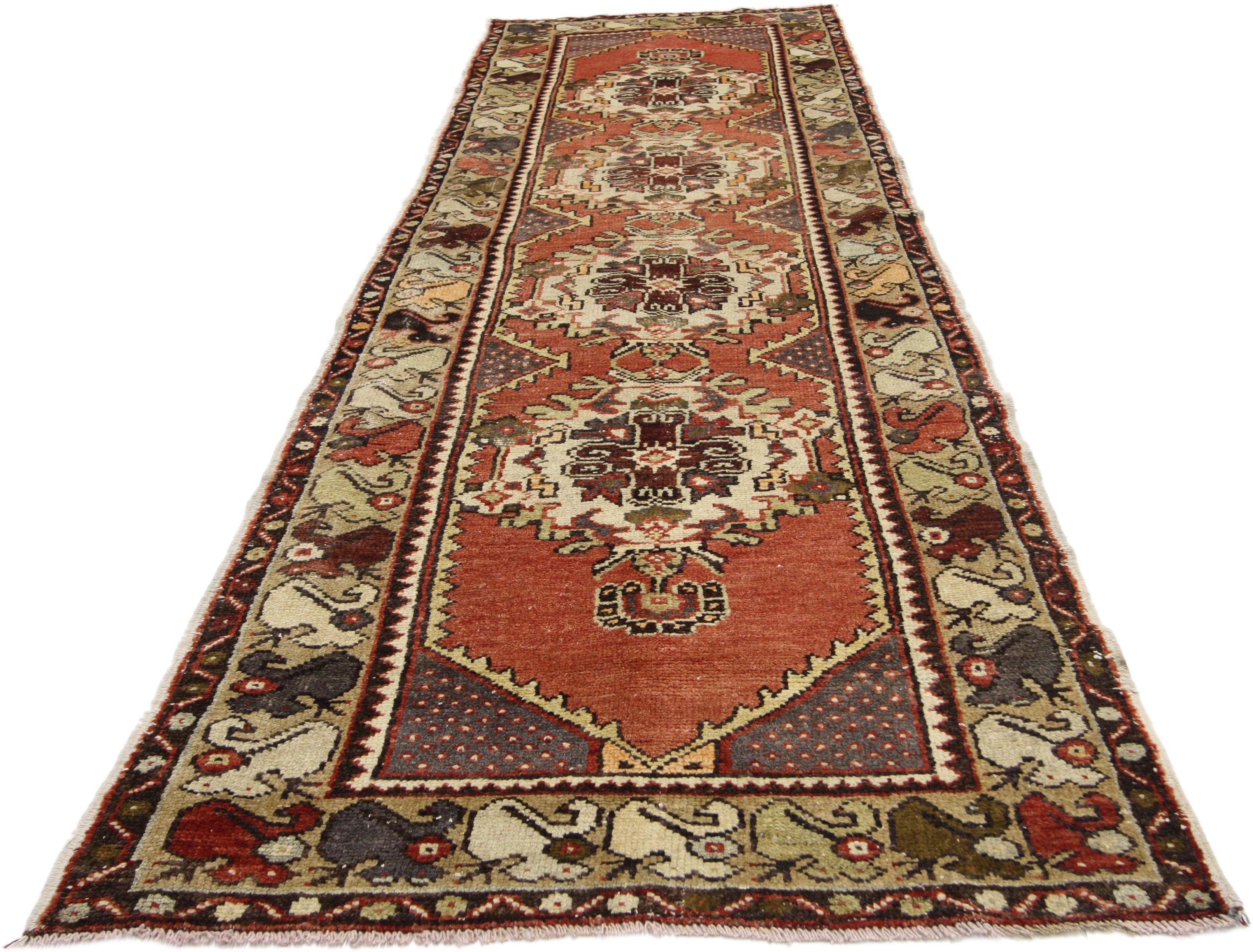Hand-Knotted Vintage Turkish Oushak Runner with Jacobean Style, Hallway Runner For Sale