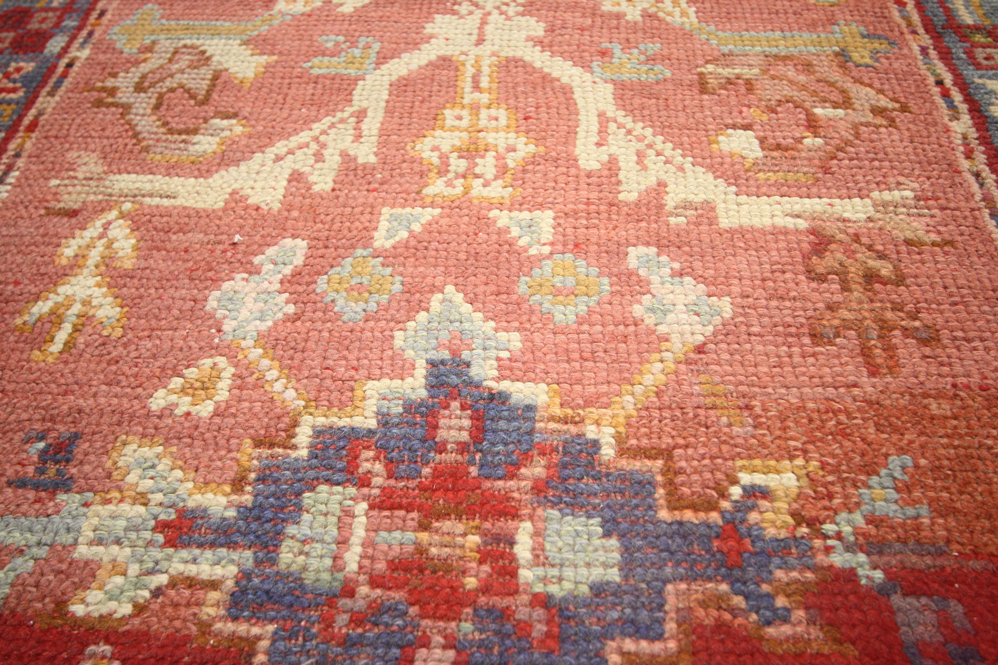 73779 Vintage Turkish Oushak Runner, Hallway Runner. This hand-knotted vintage Turkish Oushak carpet runner features a traditional modern style. Showcasing a geometric pattern in a red abrash field surrounded in a complementary tribal border.