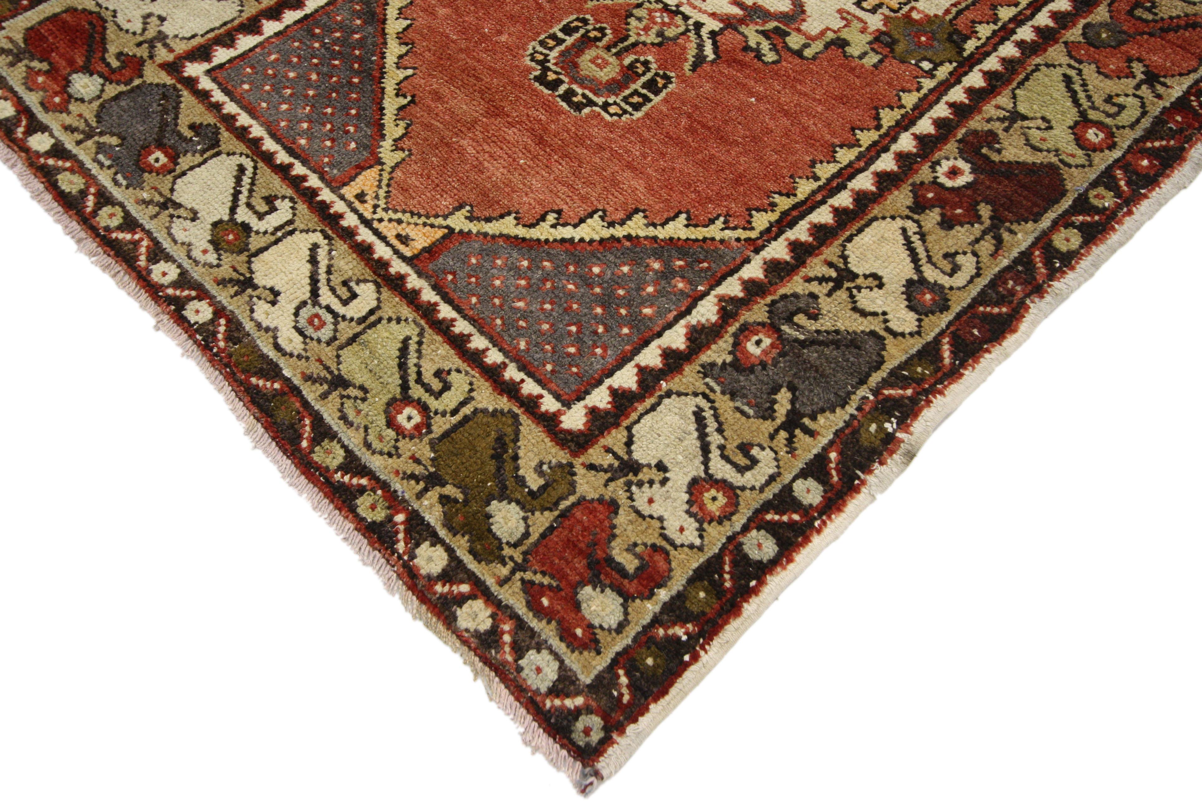 52408 Vintage Turkish Oushak Runner with Jacobean Style, Hallway Runner 02'10 x 09'07. This hand-knotted wool vintage Turkish Oushak runner features four connected floral medallions with floral pendants across an abrashed red field. Hooked spandrels